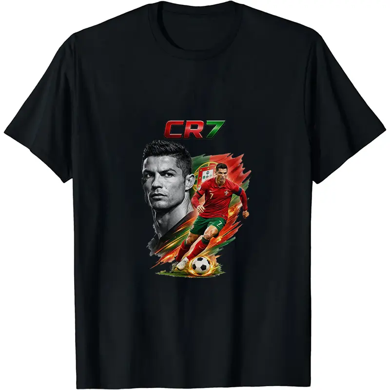 100% Soft Cotton Crewneck Tee, CR7 Cristiano Ronaldo Dual Portrait Portugal Flag Fire Brush Graphic Shirt, Oversized Loose Top For Pre-Match Fan Cookout, Trending Y2K GOAT Soccer Fan Streetwear