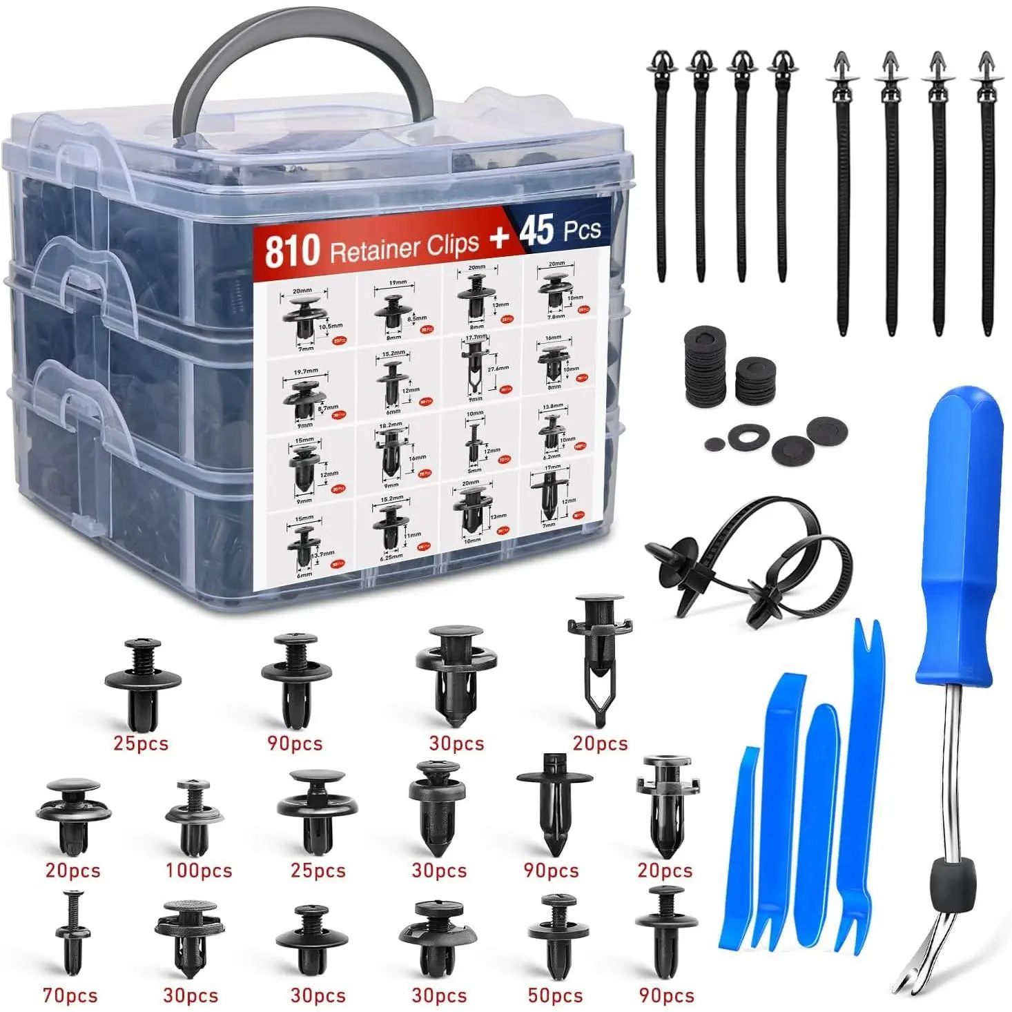 Nilight 855Pcs Car Use Plastic Push Retainer Fasteners Kit, 16 Sizes Nylon Bumper Fender Rivets Door Trim Panel Parts with 5 Removers, 10 Cable Ties, 810Pcs Push-Type Retainers for Toyota, GM, Mazda
