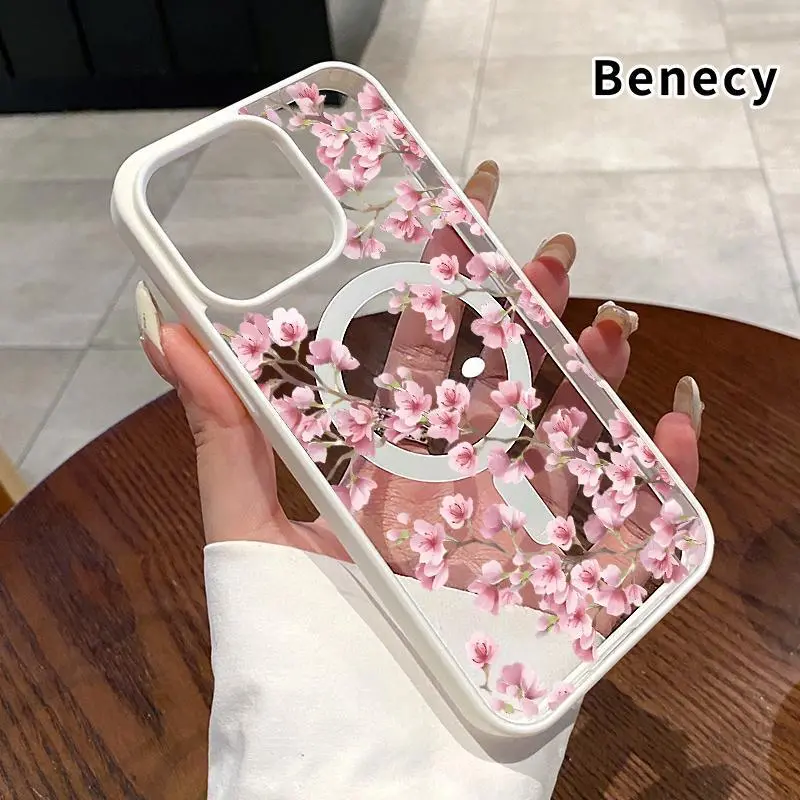 Compatible with iPhone 17 16 E Pro Max 15 Plus 14 13 12 11 Air Blossoming Cherry Dreams Pattern Shockproof Non-Yellowing Crystal Transparent Acrylic Soft Case Supports Wireless Charging.