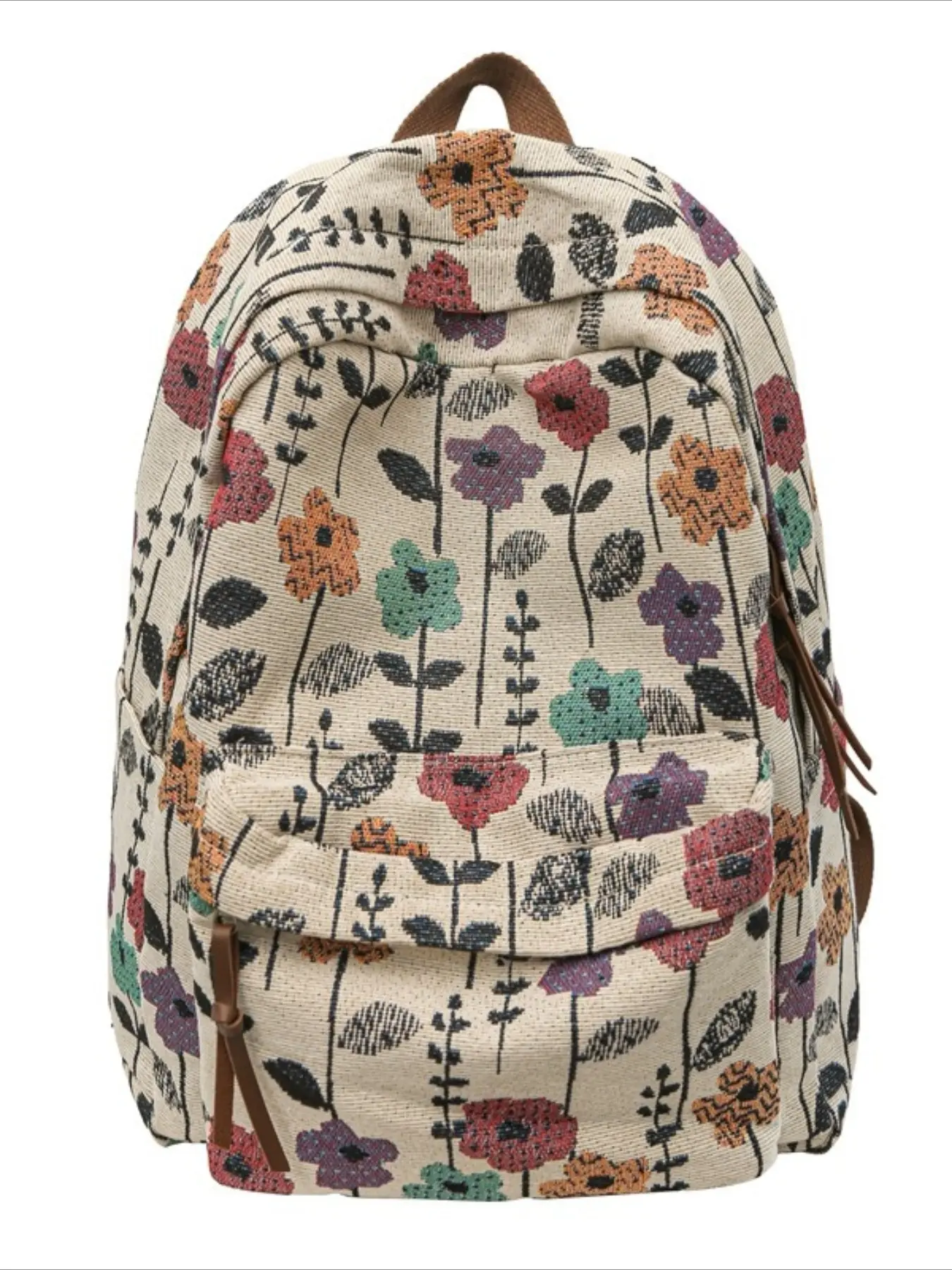 Cottagecore Floral Jacquard Canvas Backpack, Vintage Aesthetic, Large Capacity Laptop Bag, Multi Pocket, Casual School Backpack for Teen Girls