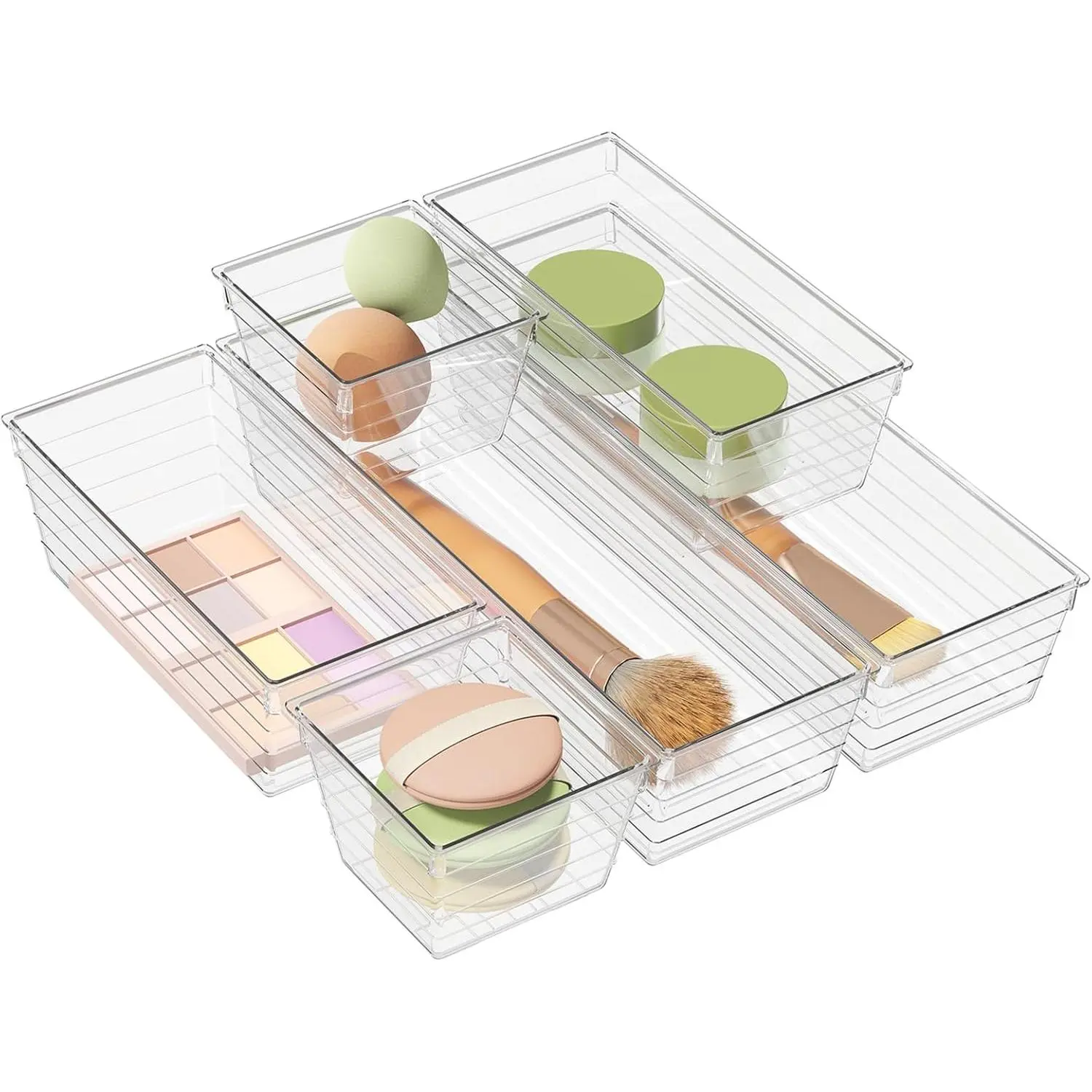 6 Pack Clear Drawer Organizer, Multi-Size Storage Bins | Makeup,  & Utensils | Drawer Tray set | Customizable Layout | Easy to Clean