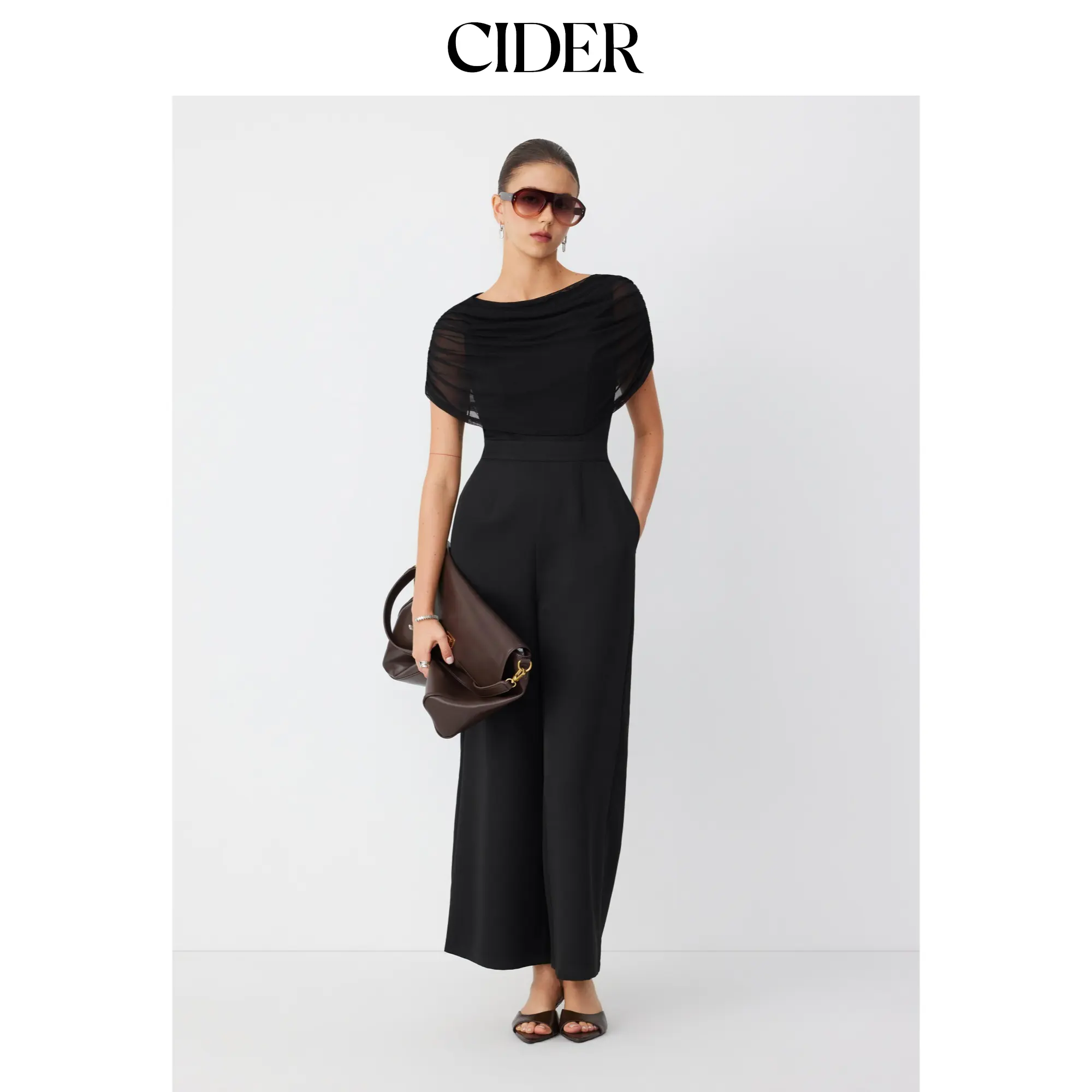 Cider Mesh Boat Neck Ruched Mid Rise Straight Leg Jumpsuit