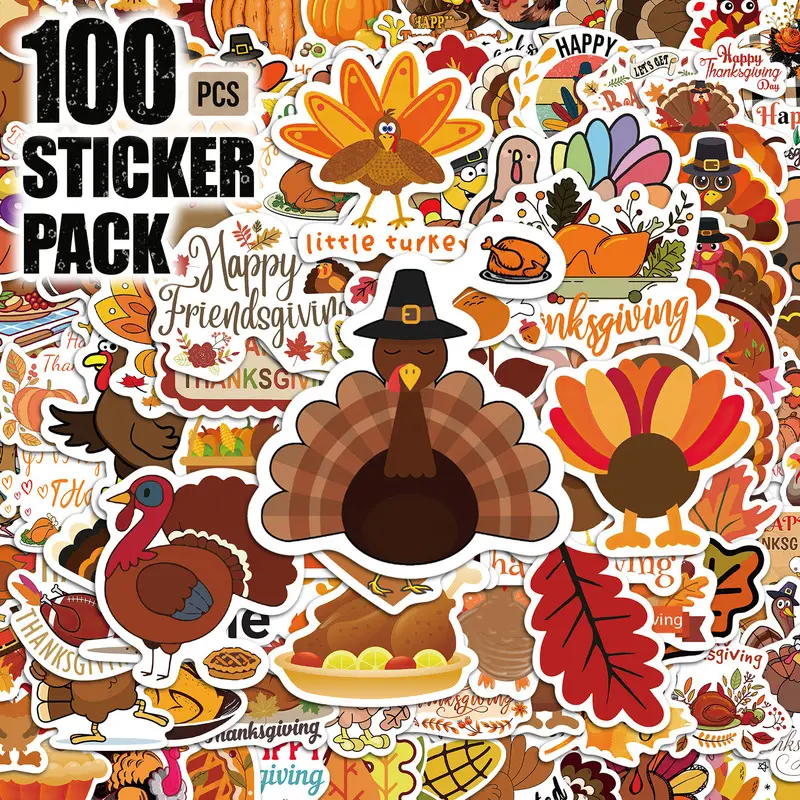 100PCS Turkey Thanksgiving Aesthetic Vinyl Stickers Pack for Laptop Water Bottle Phone Case Skateboard Journal Scrapbook DIY Decoration