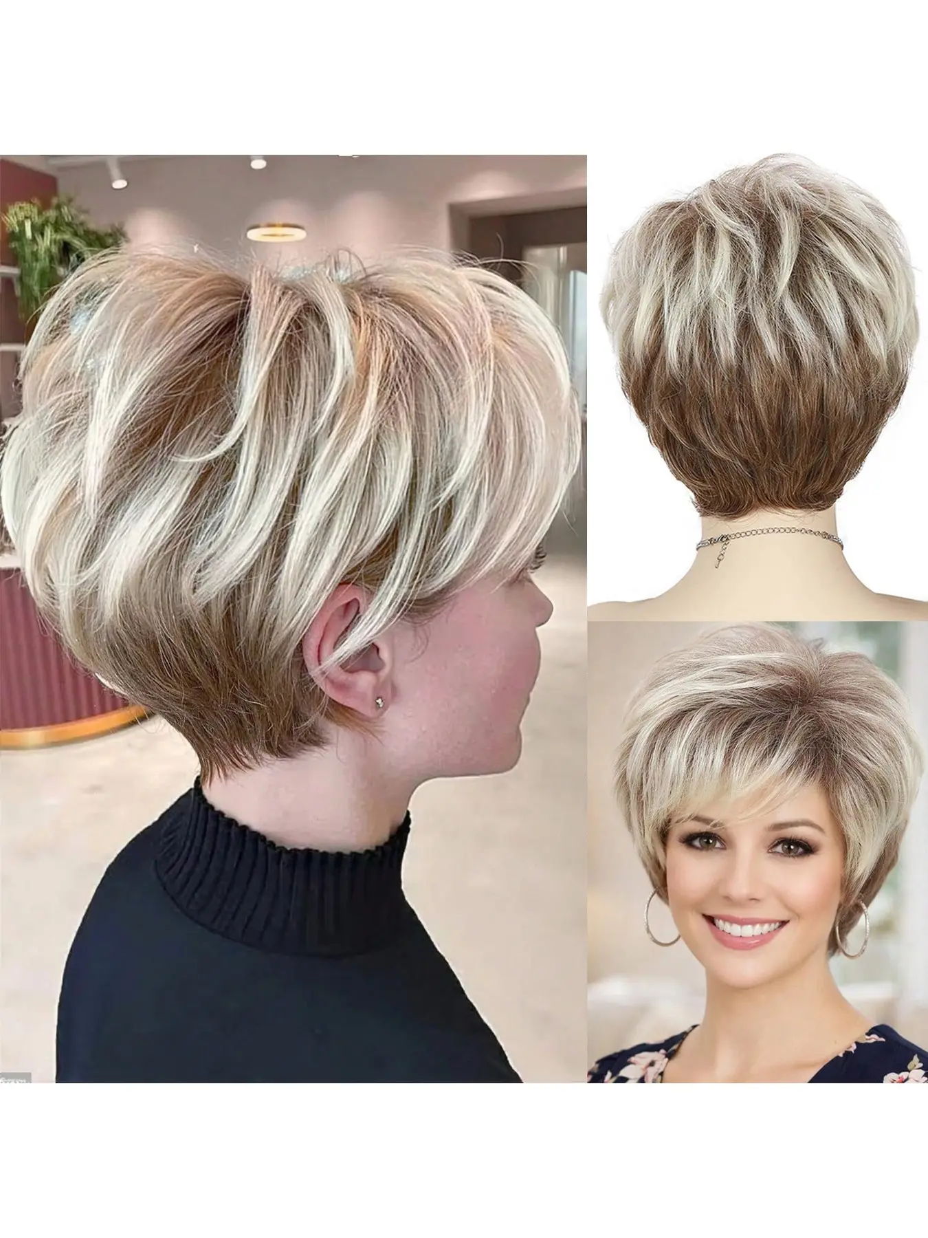 Short Ombre Blonde Hair Wigs for Women, Pixie Cut Curly Wig with Bang, Glueless Synthetic Hair, Natural Daily Use, All Seasons, Ombre Layered Wigs