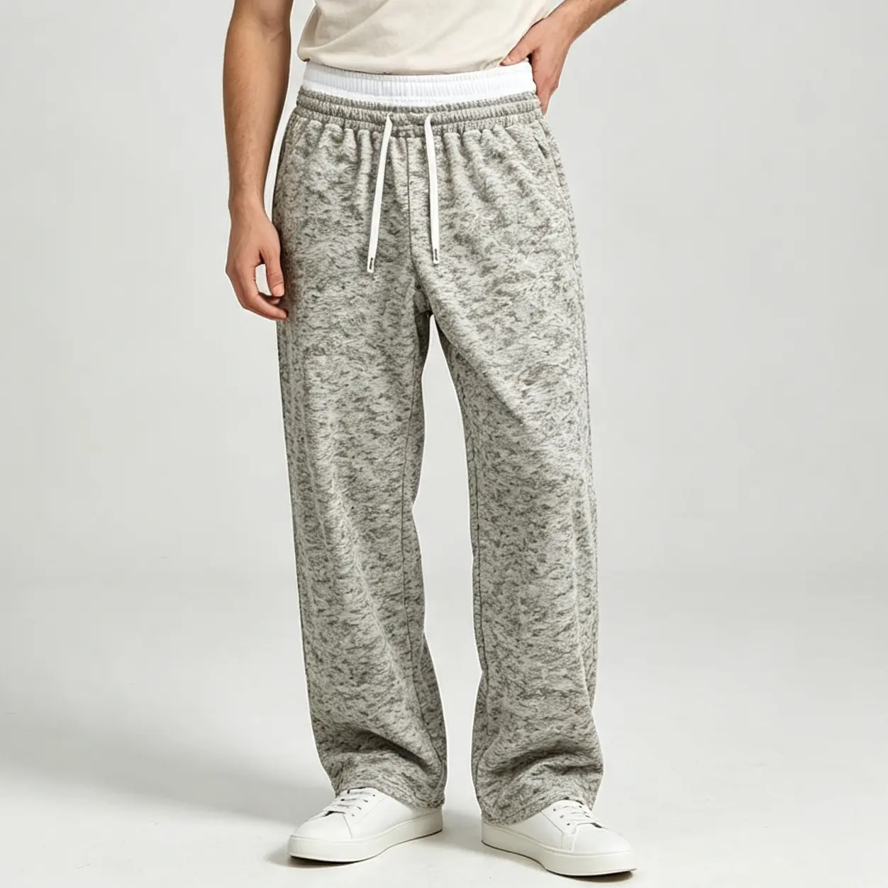 Men's double-waist grey wide-leg sweatpants, drawstring elastic loose casual pants, soft streetwear pants, suitable for daily outdoor outfits