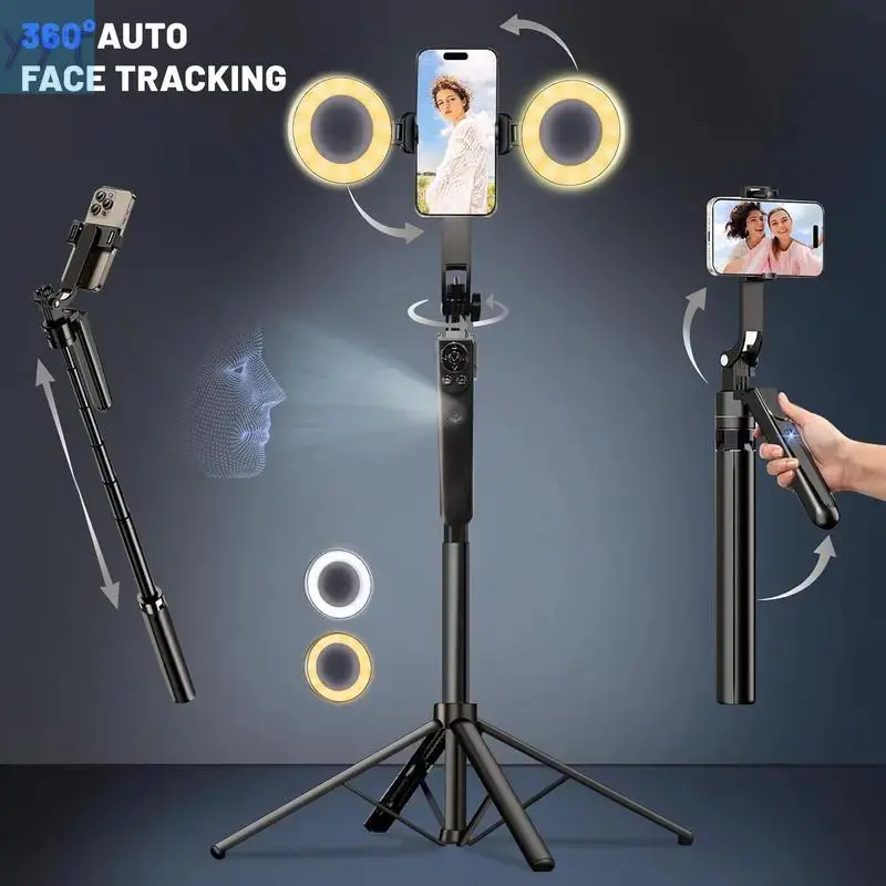 YYT1 Auto Face Tracking Selfie Stick Tripod 69.6 Inch 360° Rotatable Phone Tripod with Fill Light Remote Control Live Streaming Camera Accessories