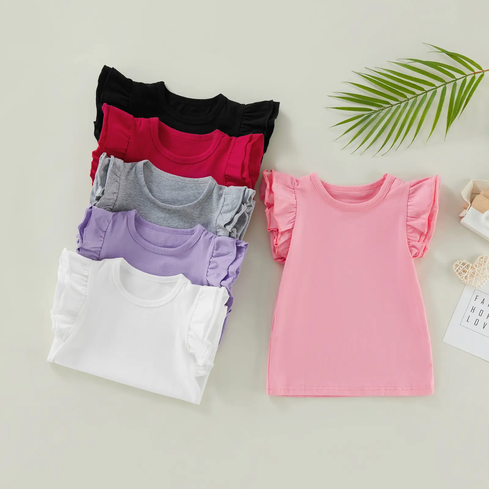 Newborn Baby Girl Summer Cotton Clothes Fly Sleeve Crew Neck T Shirt Tops Infant Basic Tees Solid Casual Clothes 0-6T