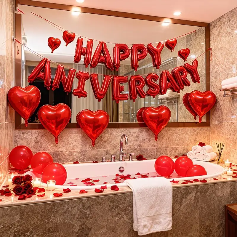 Romantic Anniversary Balloon Decoration Set, Balloon Garland, HAPPY ANNIVERSARY Letter Balloons & Red Heart Foil Balloons, Surprise Decor for Valentine's Day Wedding Birthday Celebration
