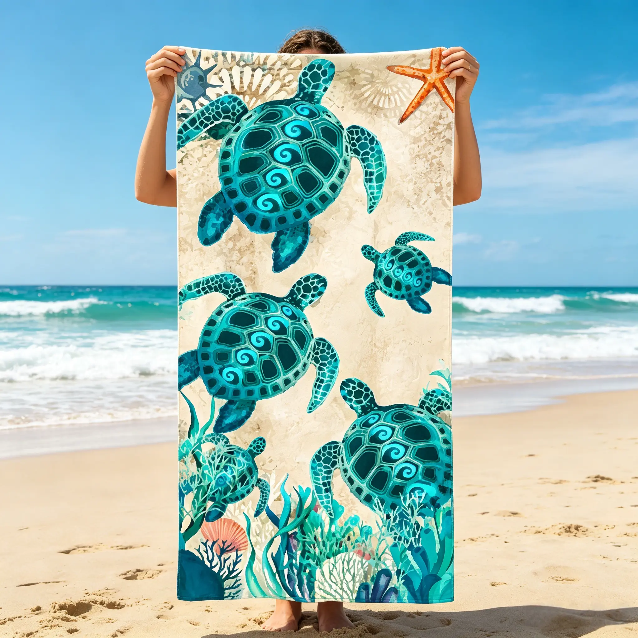 Women's 1-Count Blue Sea Turtle Oversized Beach Towel - Bath & Fast-Drying Throws, 30×60 Beach Cover, Bright Colors Stay, Lightweight Carry, Quick Dry, Super Absorbent, Travel Essentials, Towel-Like Throws