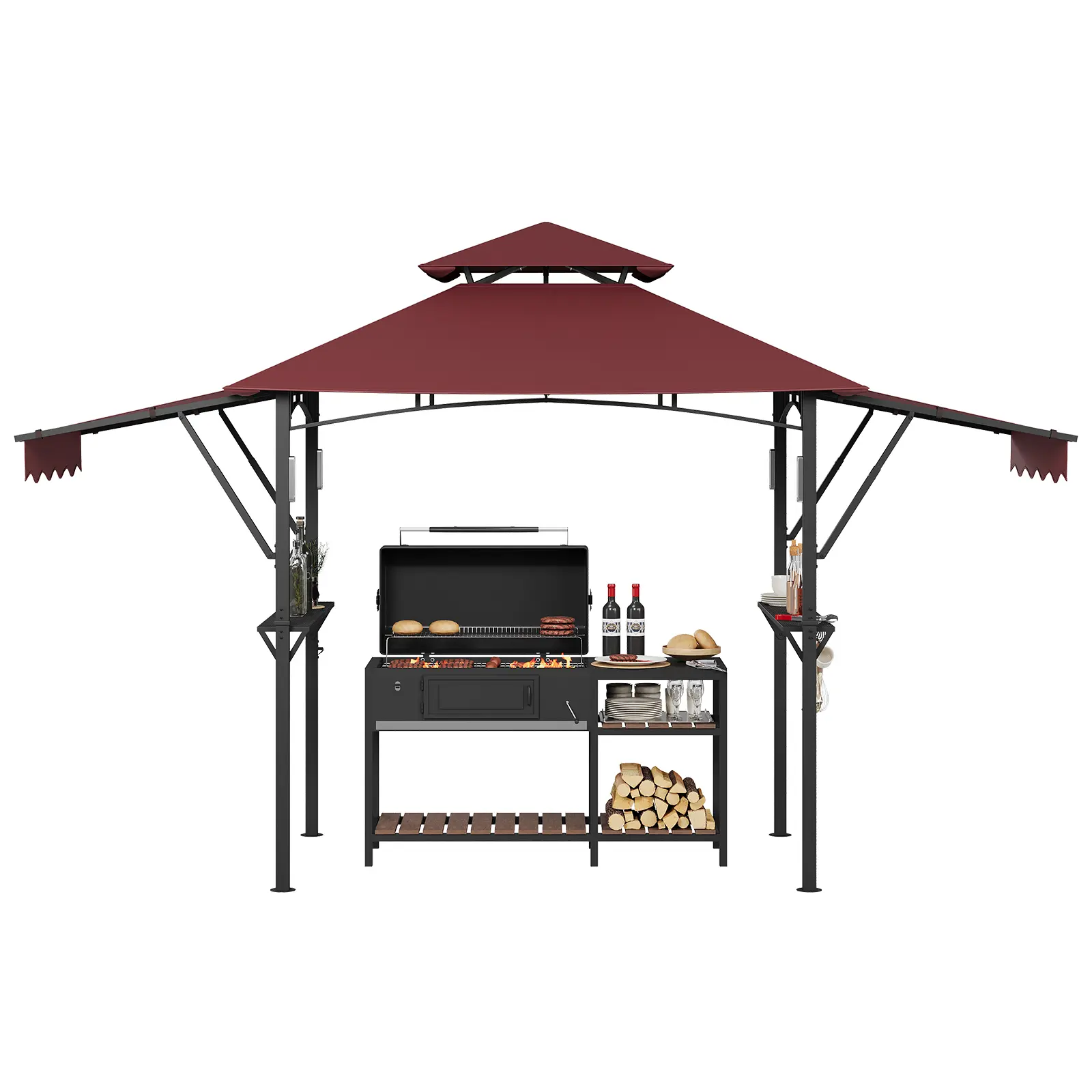 Heavy Duty Outdoor Grill Gazebo with Double Tier Roof – Adjustable Dual Side Awnings, 2 Side Shelves, Hooks, Ceiling Light Hook, Steel Frame BBQ Shelter for Patio or Backyard Use