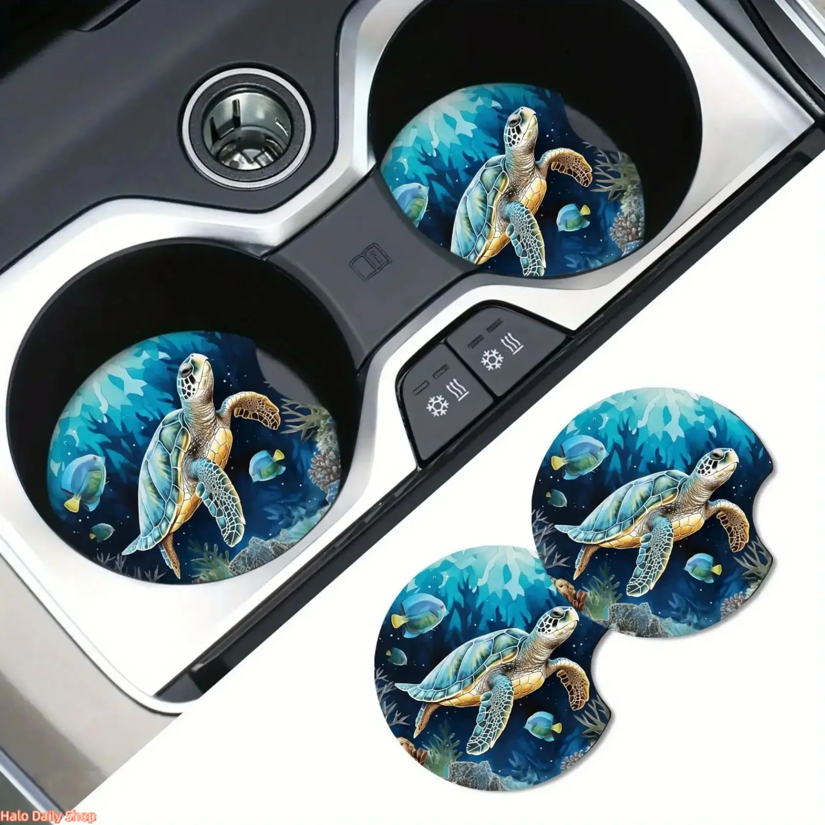 2-Pack Sea Turtle Car Cup Holder Coasters - Absorbent Rubber Auto Mats, Ocean Undersea Beach Tropical Aesthetic Car Decor Gift, All-Seasons Non-Leather Interior Accessories for Camping & Hiking Enthusiasts, Interior Accessories For Car