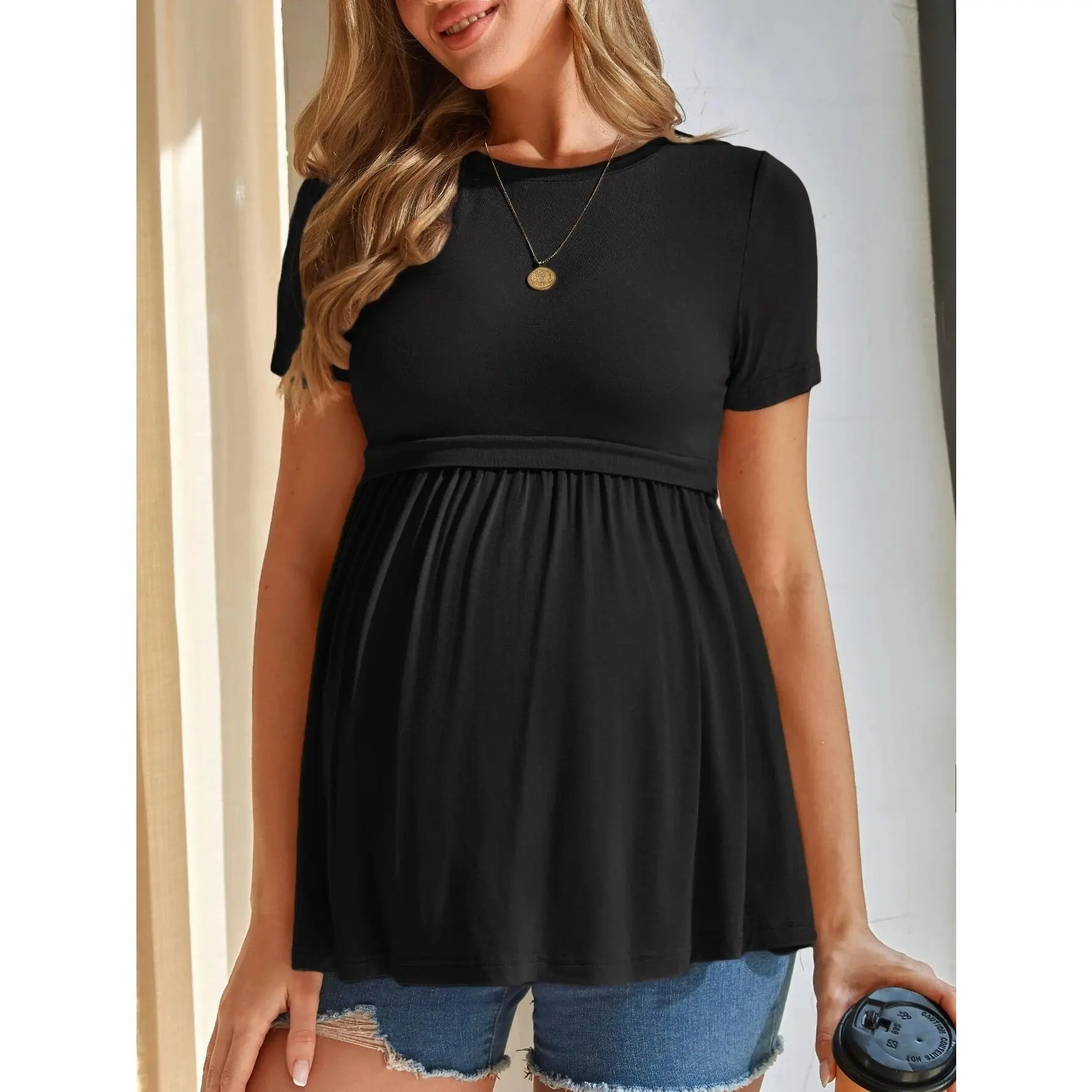 Women's Black Crew Neck Short Sleeve Maternity Top - Summer Casual Sportswear, Maternity Clothing