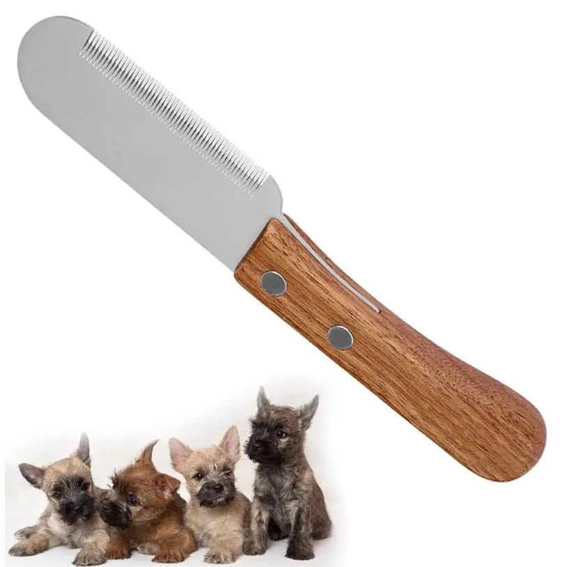 Professional Pet Stainless Steel Stripping Knife with Wooden Handle - Cat & Dog Hair Removal Comb, Grooming Tool for Shedding