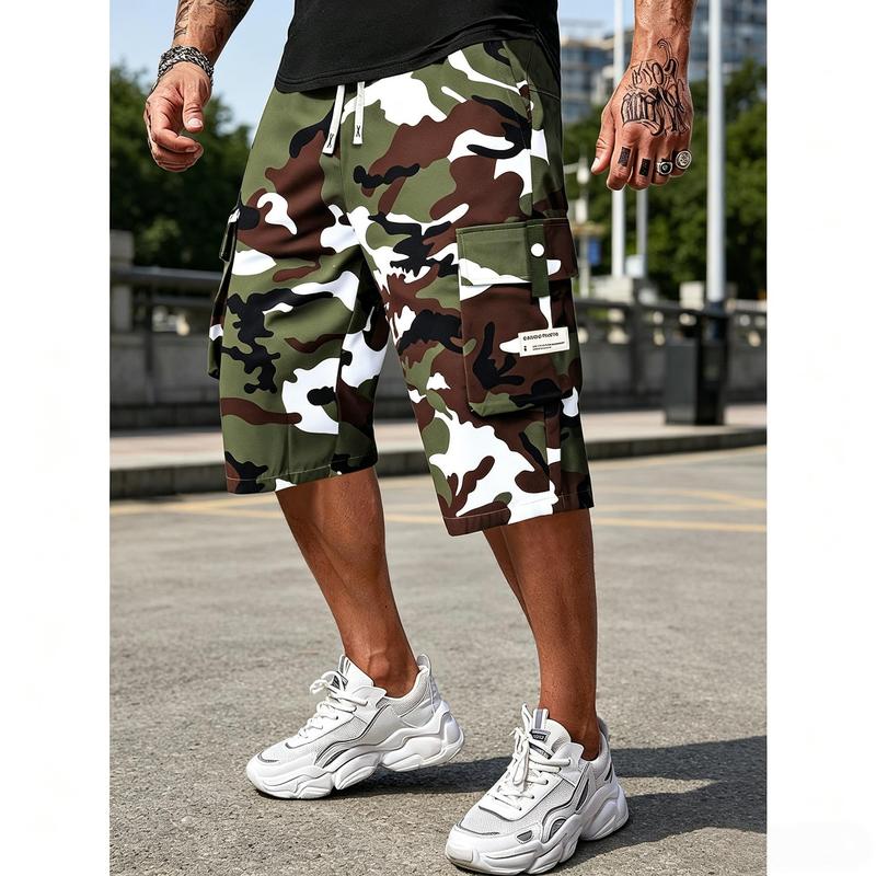 Men’s Loose Fit 7/8 Capri Camo Cargo Shorts, Oversized Cropped Utility Pants, Double Drawstring Elastic Waist, Large Snap Flap Side Pockets, Lightweight Breathable Summer Streetwear For Skate Outdoor Daily Errands