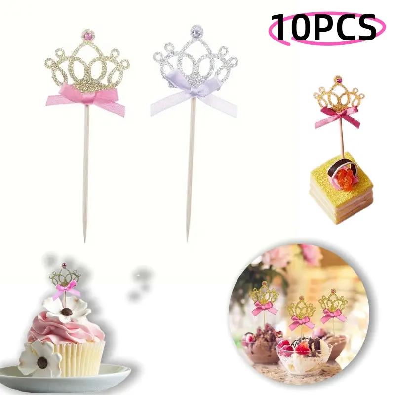 10 Diamond Crown Cake Toppers for Girl's Birthday Party Decorations, Bow Crown Cake Insert, Elegant Cake Accessories