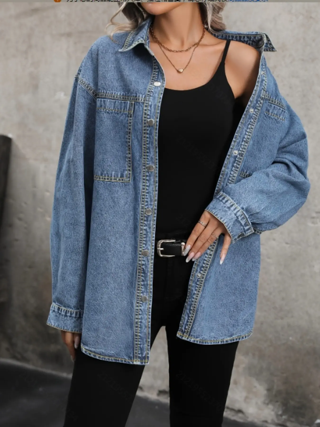 Plus Size Women's Lapel Long Sleeve Loose Jeans Shirt Jacket, Front Button Chest Pocket Mid-Length Medium Wash Denim Blouse, Casual Layering Top
