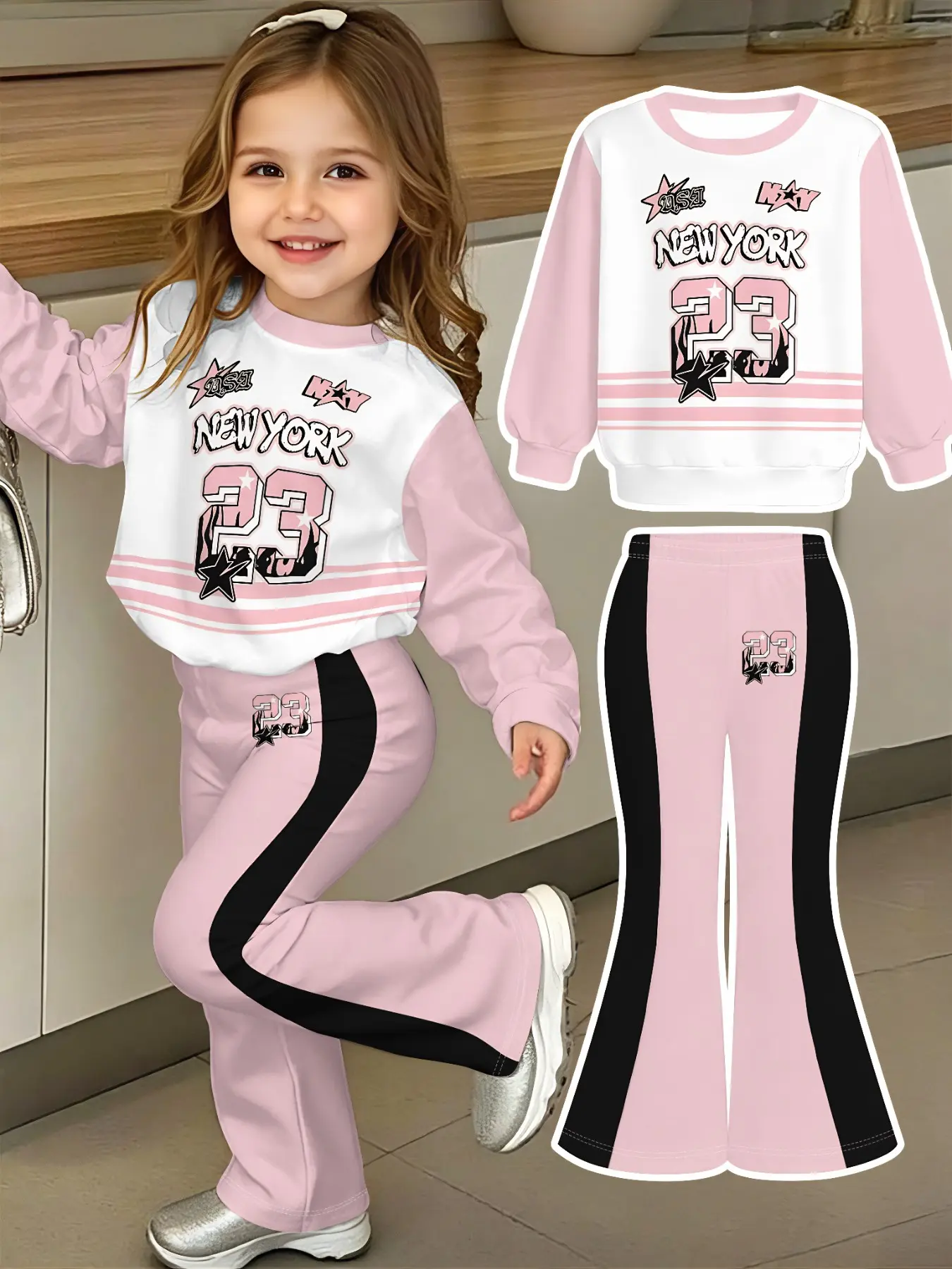 Little Girls Retro Varsity Style Letter Graphic Long Sleeve Top Panel Bell Bottom Trousers Ensemble, Versatile Cozy Tracksuit Suitable for Mall Visits & Weekend Hangouts