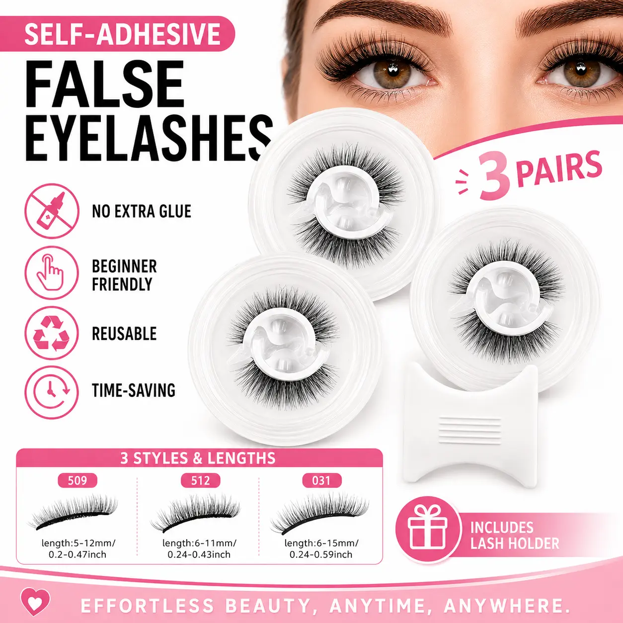 3-Pair Self-Adhesive Pre-Glued False Eyelash Clusters Set, Cosmetic Makeup Lash Kit for Beginners, Easy-to-Apply Reusable Cat Eye Natural Cross Fluffy Ultra-Thick Styles (No Extra Glue Needed)