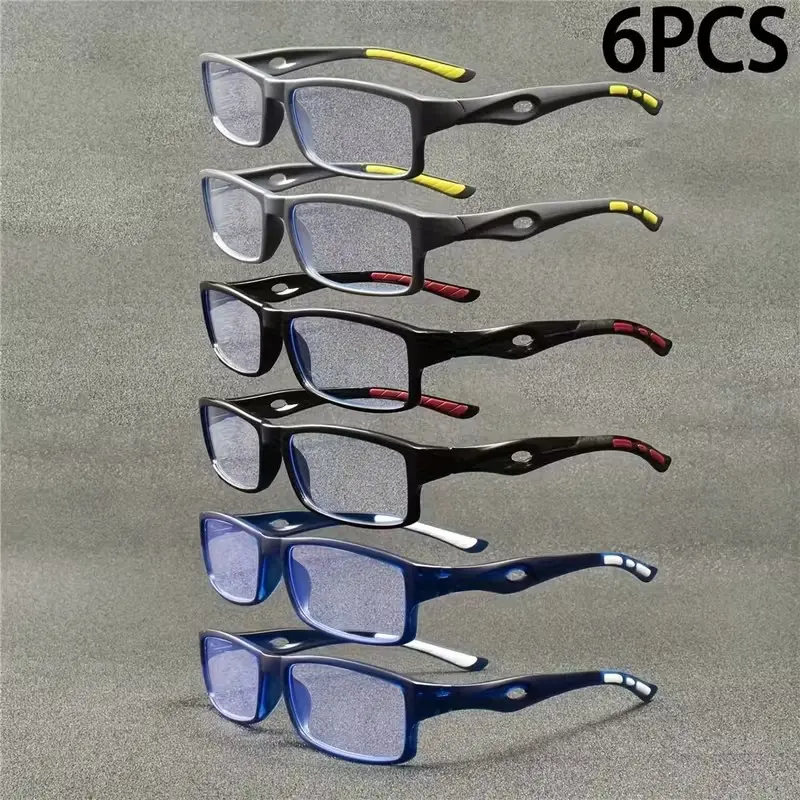 6 Pairs Sports Reading Glasses Set, Anti-Blue Light Protection, Non-Slip Lens Tips, +1.0~4.0 Diopters, Men's Home Outdoor Backup Eyeglasses