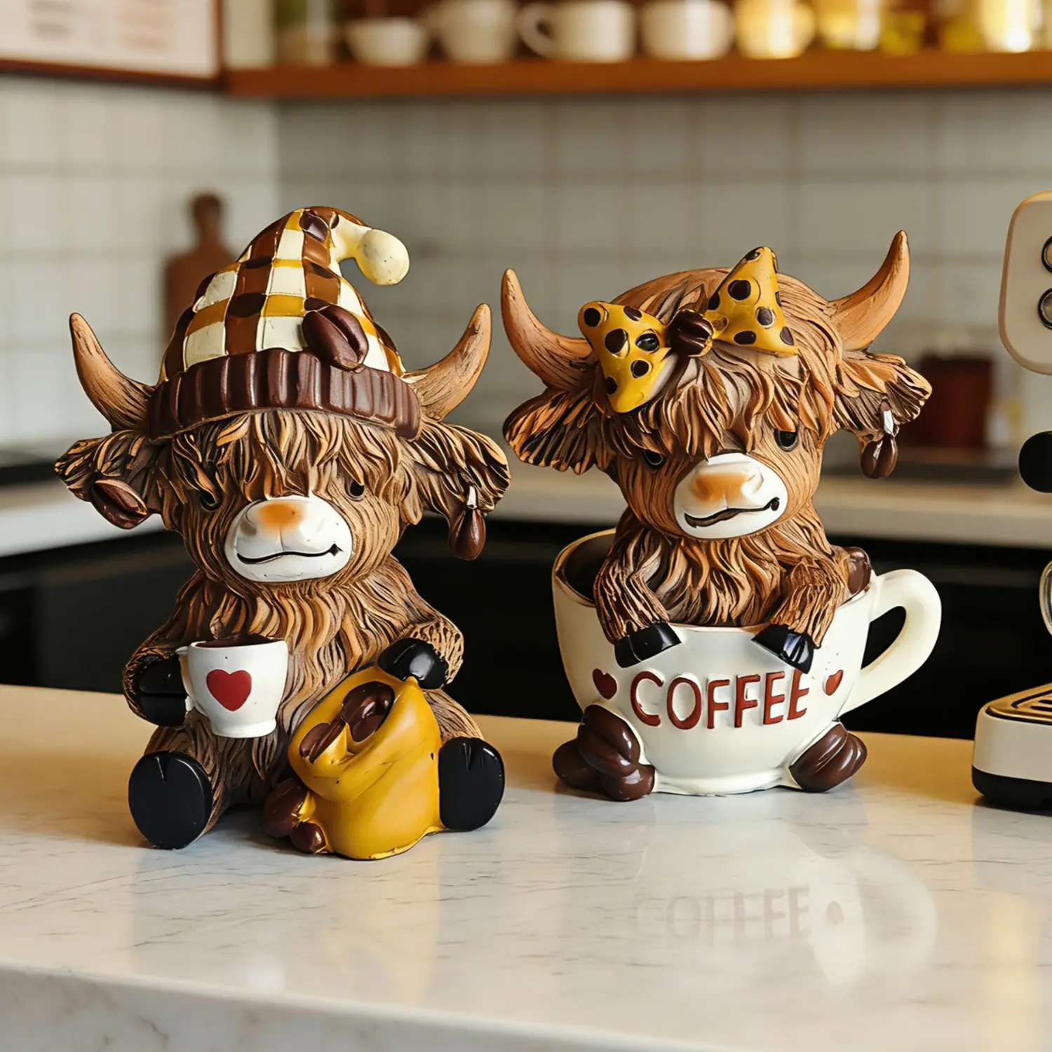 Highland Cow Couple Resin Figurines, Decorative Figurine, Resin Ornaments, Scottish Cattle Ornament, Coffee Decor Statue, Ideal Valentine's Day Anniversary Gift For Couple, Smooth Durable Resin, Suitable For Home Coffee Bar Bedroom