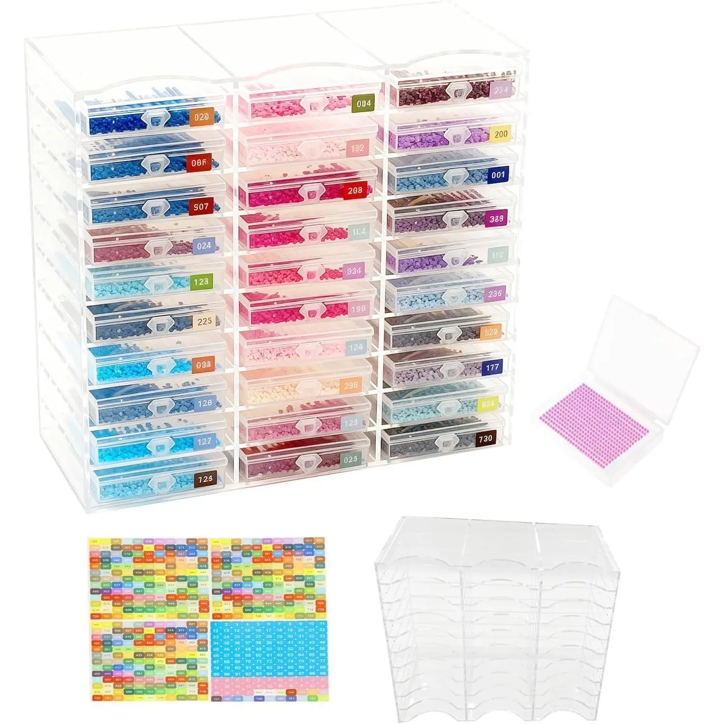 30  Painting Trays with  and  Rack,  Art Storage Organizer for Drills, Beads and Rhinestones, Clear Tray Set with Labels for  Painting Accessories