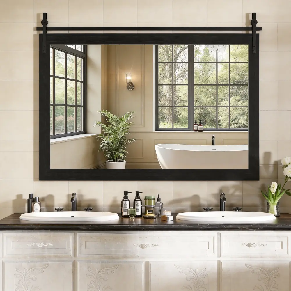 55"x36" Farmhouse Bathroom Mirror, Rustic Wood Framed Wall Mounted Mirror, Large Black Vintage Vanity Mirror with Barn Door Style, Decorative Rectangle Hanging Mirror for Bathroom, Bedroom, Living Room, Entryway, Modern Farmhouse Home Decor