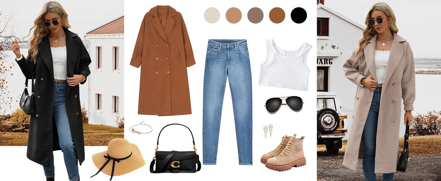 Women's Long Coat Notched Lapel Collar Double Breasted Pea Coat Winter Elegant Wool Blend Over Coats Jackets