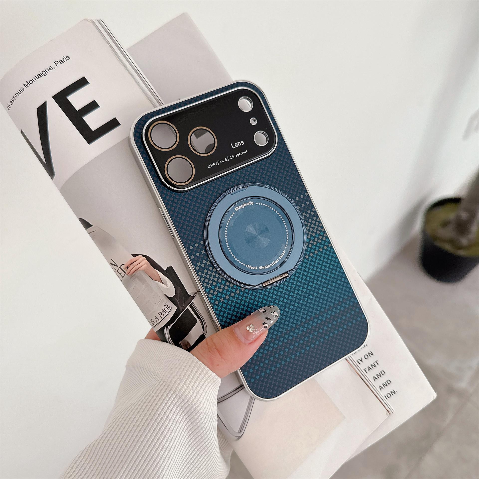 Suitable for iPhone 17 Magnetic Phone Case Rotating Stand iPhone 16 Pro Max Large Window Electroplated Fiber Texture