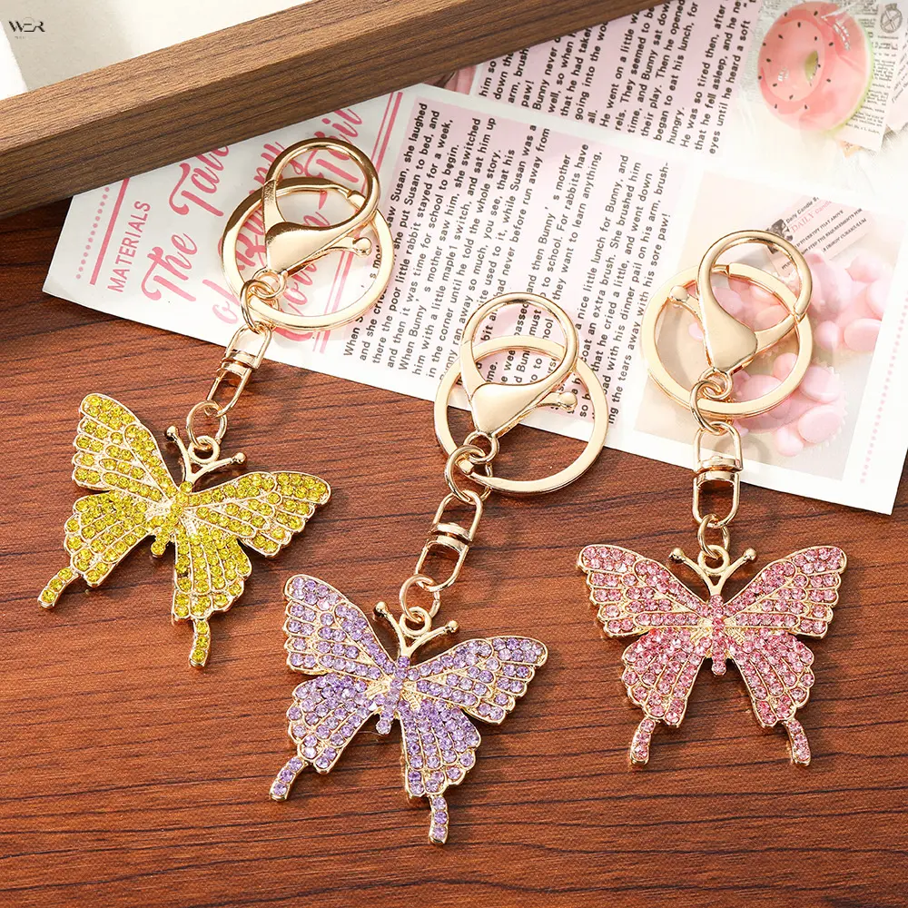 10.2cm Paved Rhinestone Butterfly Keychain 5 Crystal Colors Pink Purple Yellow Red Champagne, 4.5cm Pendant 18.2g Gold Lobster Clasp Bag Charm Sparkling Insect Themed Daily Accessory Holiday Friendship Gift, Champagne Keychains, 10.2X3.9cm