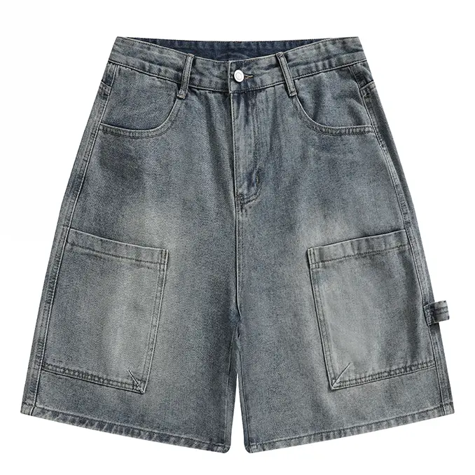 Heavy Workwear Denim Bermuda Shorts Symmetric 3D Cargo Pockets Side Strap Design Original Denim Fabric Belt Compatible Gender Neutral Casual Denim Knee Length Shorts#jean shorts men#men's shorts summer#SummerWins
