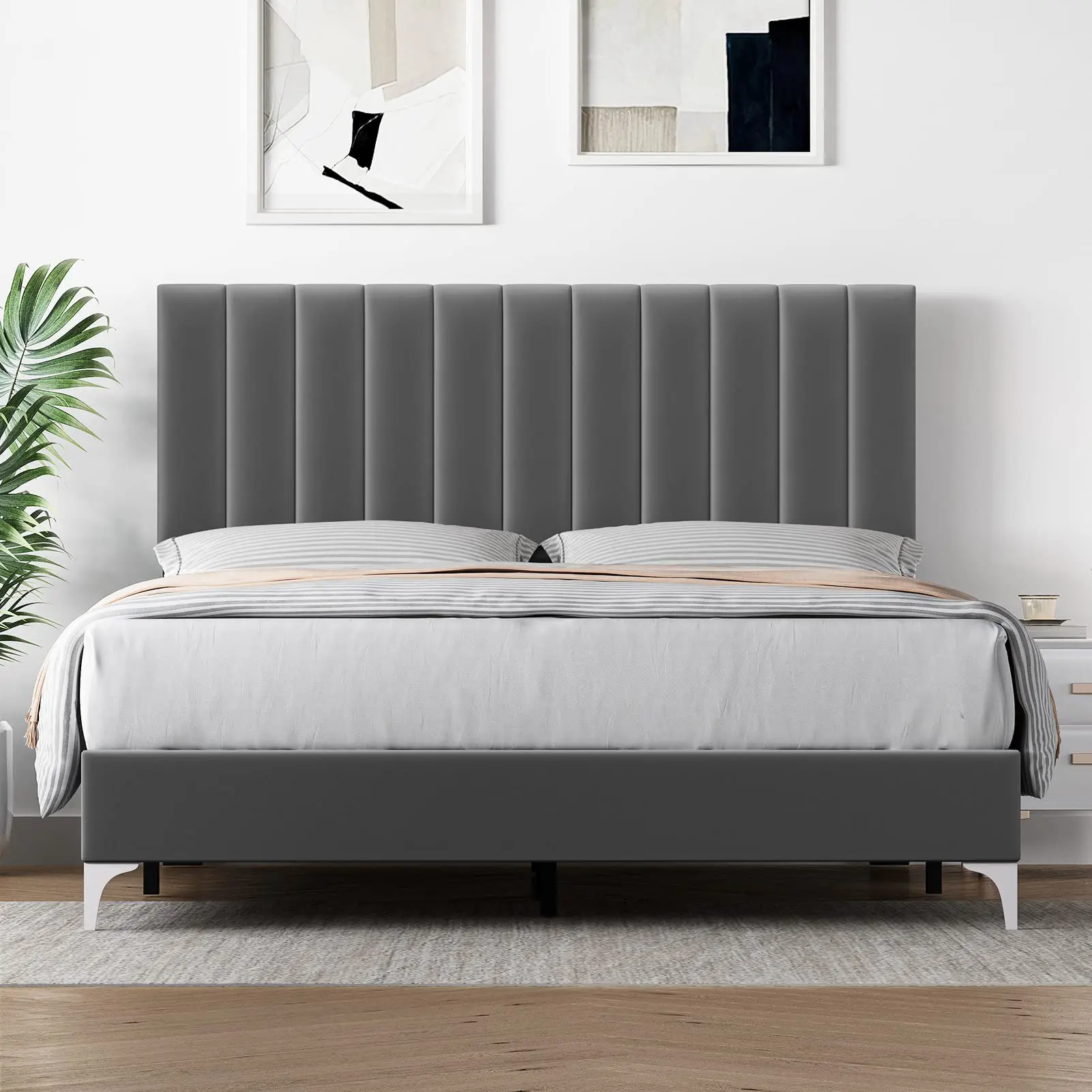 GARVEEQueen Size Bed Frame with Headboard, Velvet Upholstered Platform Bed Frame with Adjustable Headboard and Wooden Slats Support, No Box Spring Needed, Easy Assembly, Dark Grey