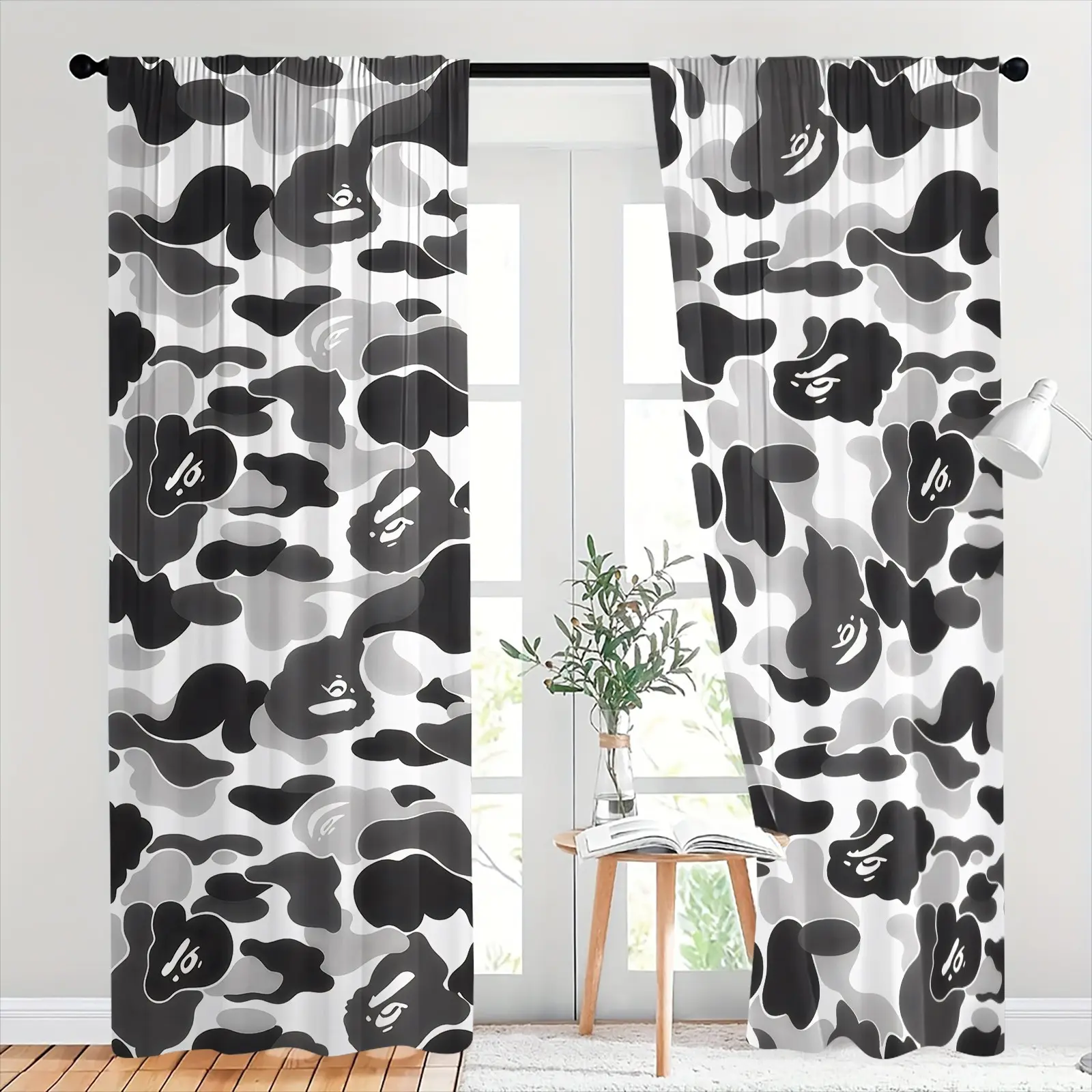 Monochrome Ape Camo Streetwear Semi-Sheer Curtains, Privacy Preserving Drapes Create Soft Diffused Indoor Light, Skin-Friendly Brushed Flannel Rod Pocket Treatments, Stylish Decor Light Filtering Curtains for Living Room, Study, Apartment, Curtain Panels