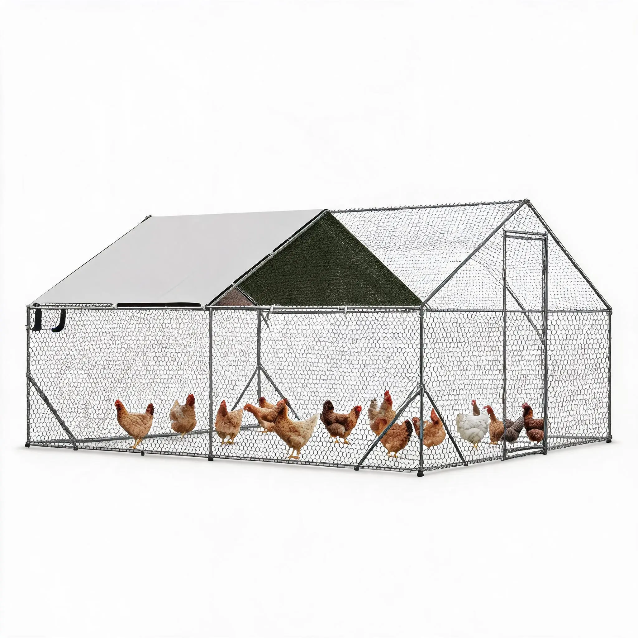 Metal Chicken Coop,Large Walk-in Weatherproof with Cover Spire Roof, Chicken Wire Fence, Security Lock, Outdoor Backyard Secure Shelter for Ducks Poultry Coop Enclosed Poultry Hutch