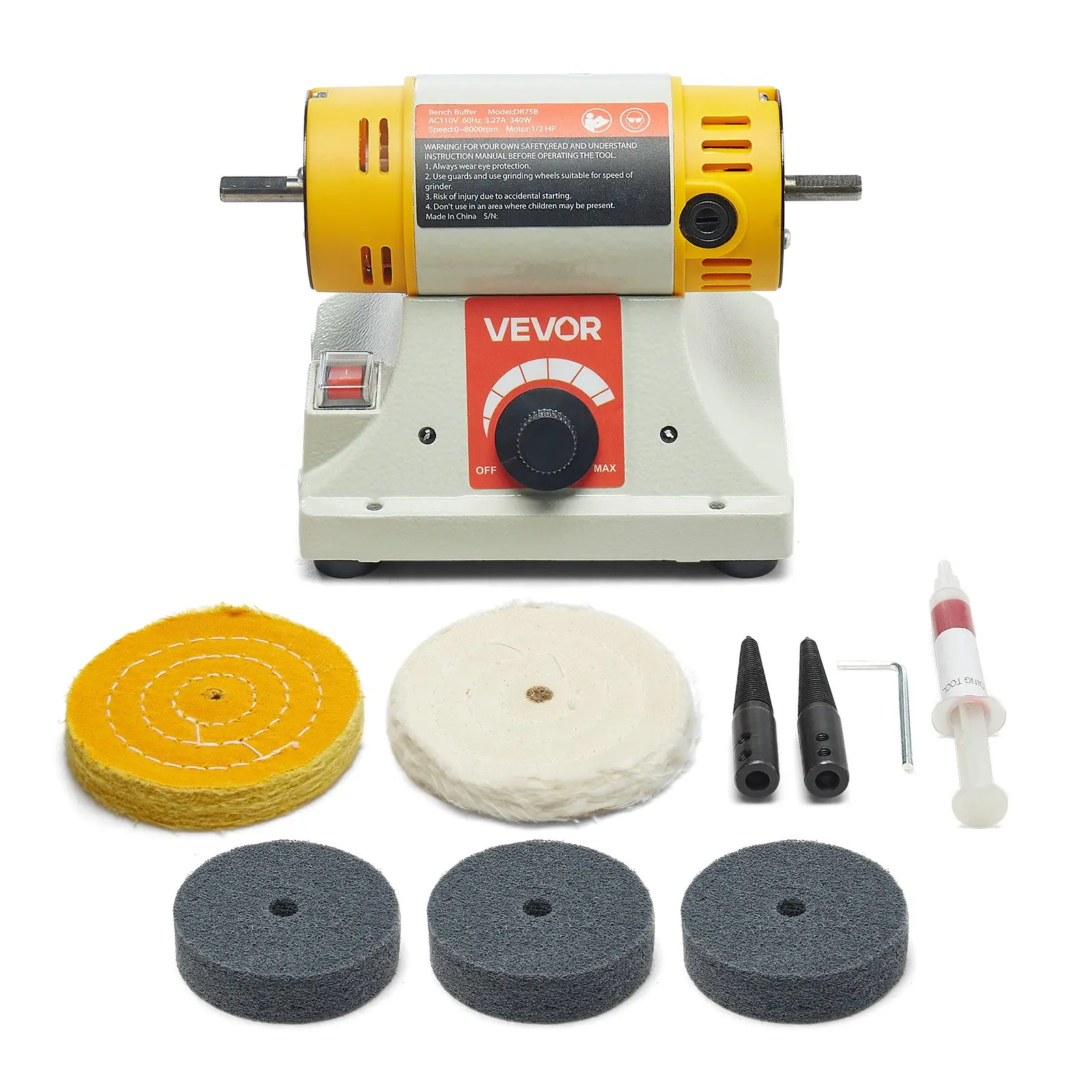 toolupgrade VEVOR Benchtop Polishing and Buffing Machine, 1/2HP Variable Speed (0-8000RPM), 2x4" Cotton Wheels, 3x3" Abrasive Fiber Wheels & Compound for Wood, Metal Jewelry, 0 To 8000Rpm