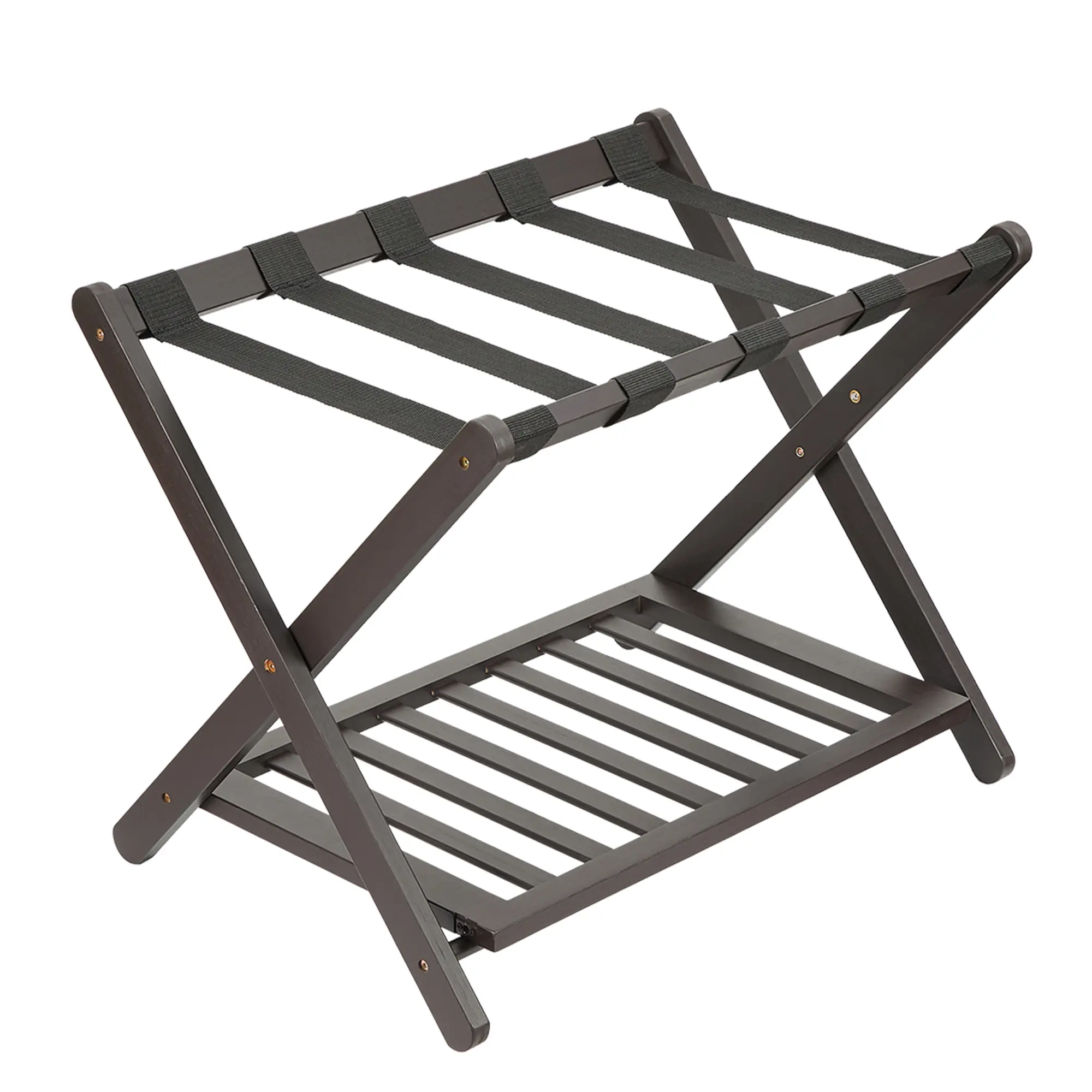 Wood Frame Folding Luggage Rack Organiser - Sturdy 2-Tier Suitcase Stand with Storage Shelf, Heavy-Duty Nylon Straps, 150 lbs Capacity - Ideal for Bedrooms, Hotels