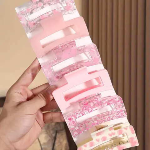 6pcs 8.5cm Sweet & Chic Pink Rectangular Hair Claw Clip, Strong Grip, Minimalist Daily Women's Hair Accessory, Suitable For Thick/Thin Hair, Elegant & Cute Casual Street Style, Floral Hair Clips, Suitable For Spring, Summer, Autumn, Winter