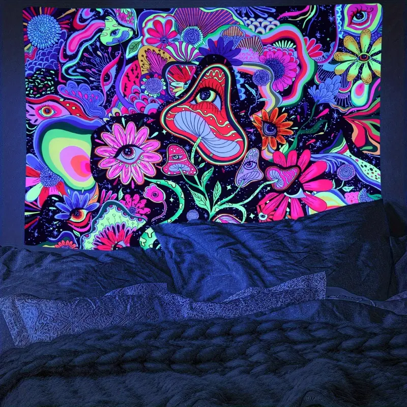 Bohemian Glow-in-the-Dark Neon Print Tapestry - UV Reactive Psychedelic Design, Fluorescent Peach Cream Synthetic Fabric, Soft Texture Wall Mural, No Electricity Needed, Home Inspo Luminous Decor for Wedding Ceremony, Bonfire Gift, Indoor