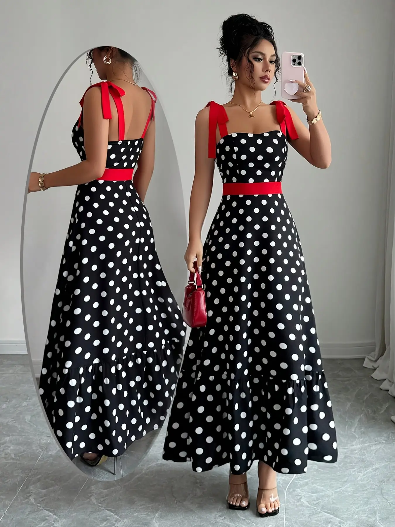 Women's Elegant Vintage Chic Fashion Polka Dot Print Halter Dress, Stylish Sleeveless Maxi Dress for Parties and Casual Wear, Summer Fashion, Elegant Party Wear