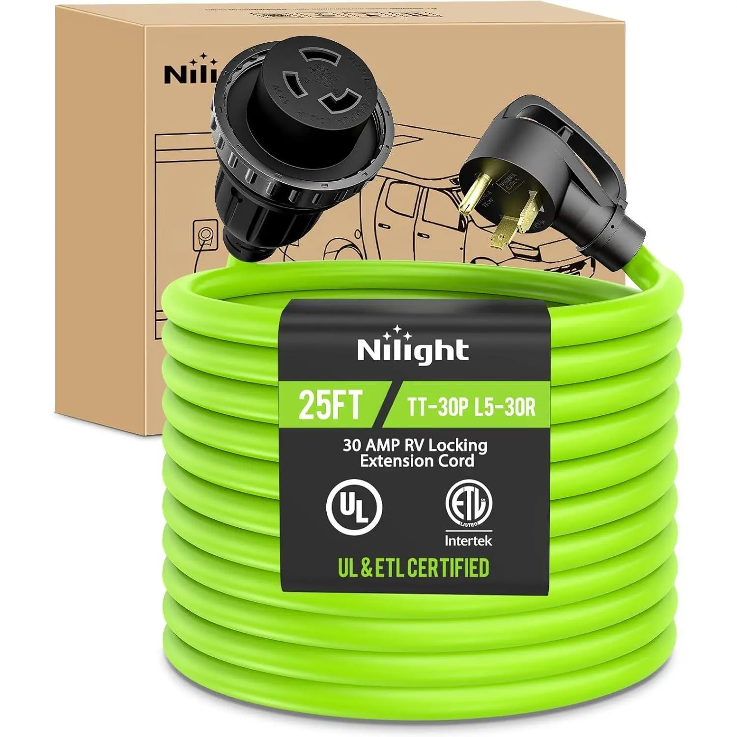 Nilight 1 x 25 ft 30A RV Locking Extension Cord with Adjustable Wire Organizer, 30A 125V Heavy-Duty 10/3 Gauge Pure Copper STW Wire, UL ETL Listed 3-Prong TT-30P L5-30R, Outdoor Weatherproof Attention-Grabbing RV Electrical Accessory for Camper, Generator