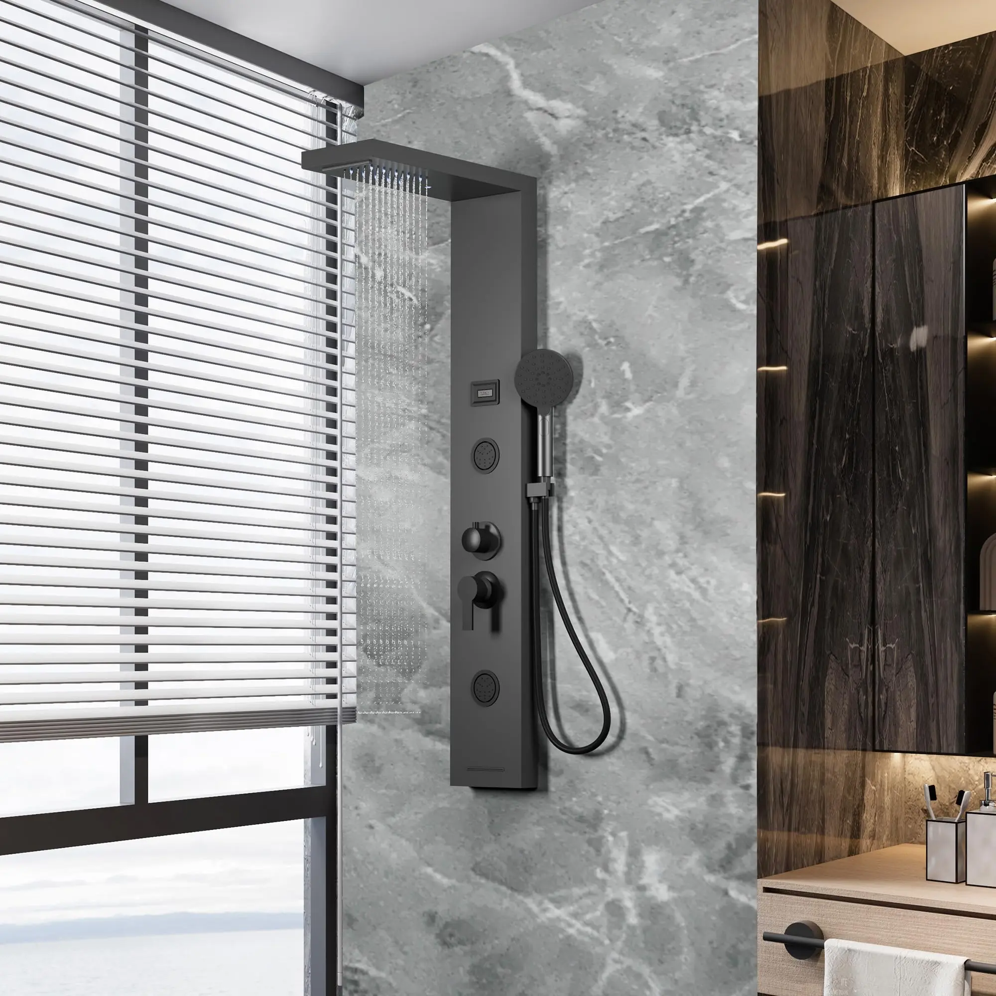 Modern Bathroom Shower Set – 6-in-1 Rainfall & Waterfall Head, Handheld, 2 Body Jets, Tub Spout, Digital Temperature Display, Wall-Mounted