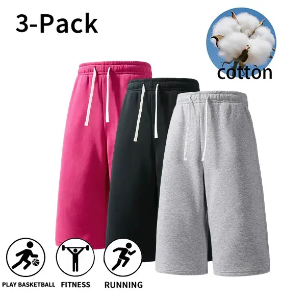 3-Pack Menswear Soft pure cotton knee-length sport shorts with adjustable drawstring elastic waistband relaxed wide leg silhouette breathable lightweight cotton fabric versatile athletic bottom staple for workout modern mensfashion styling