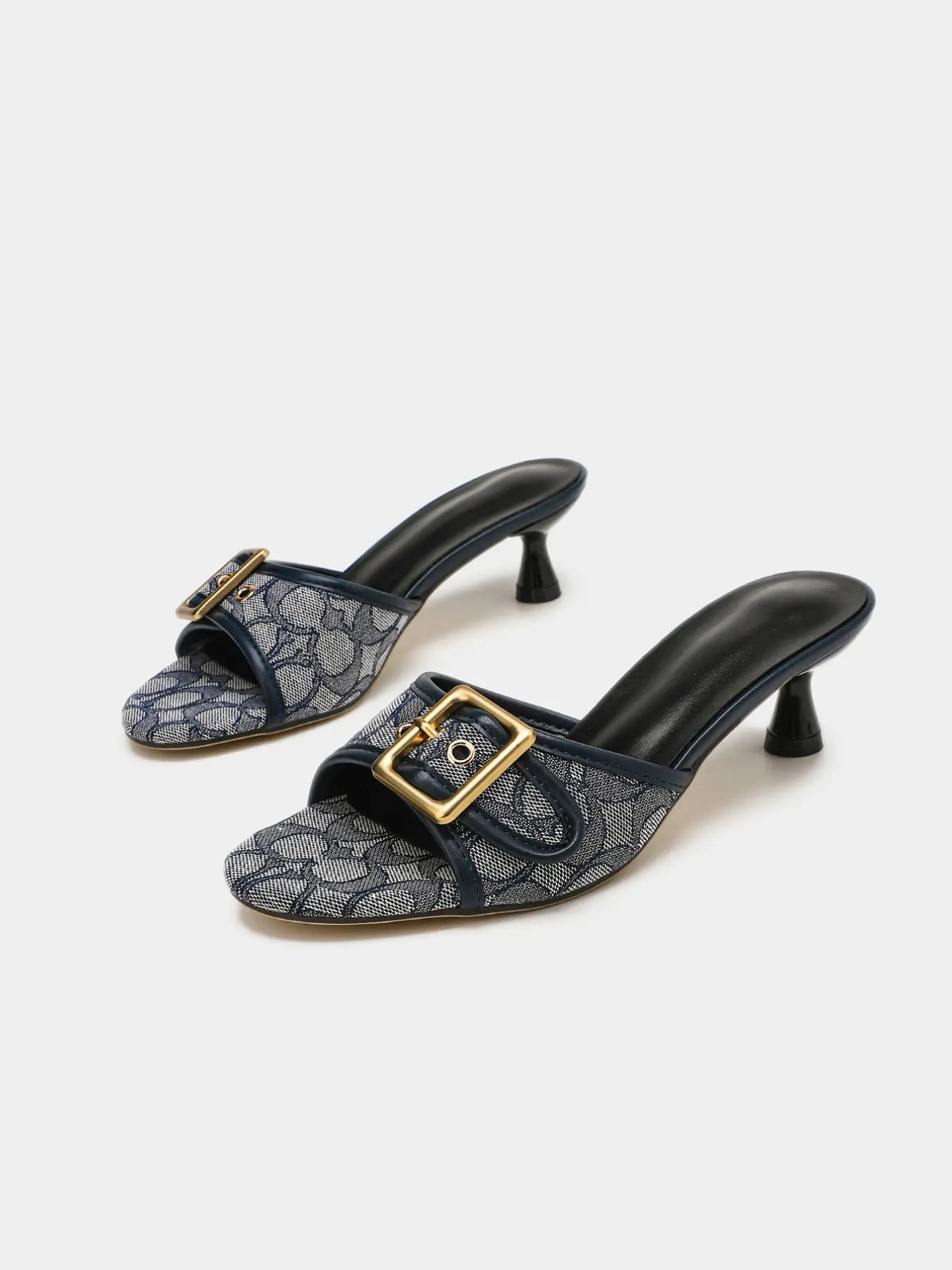 Women's Luxury Monogram Mule Heels Gold Buckle Pointed Toe Kitten Heel Shoes Old Money Style Elegant Dress Shoes Embellished Sandals