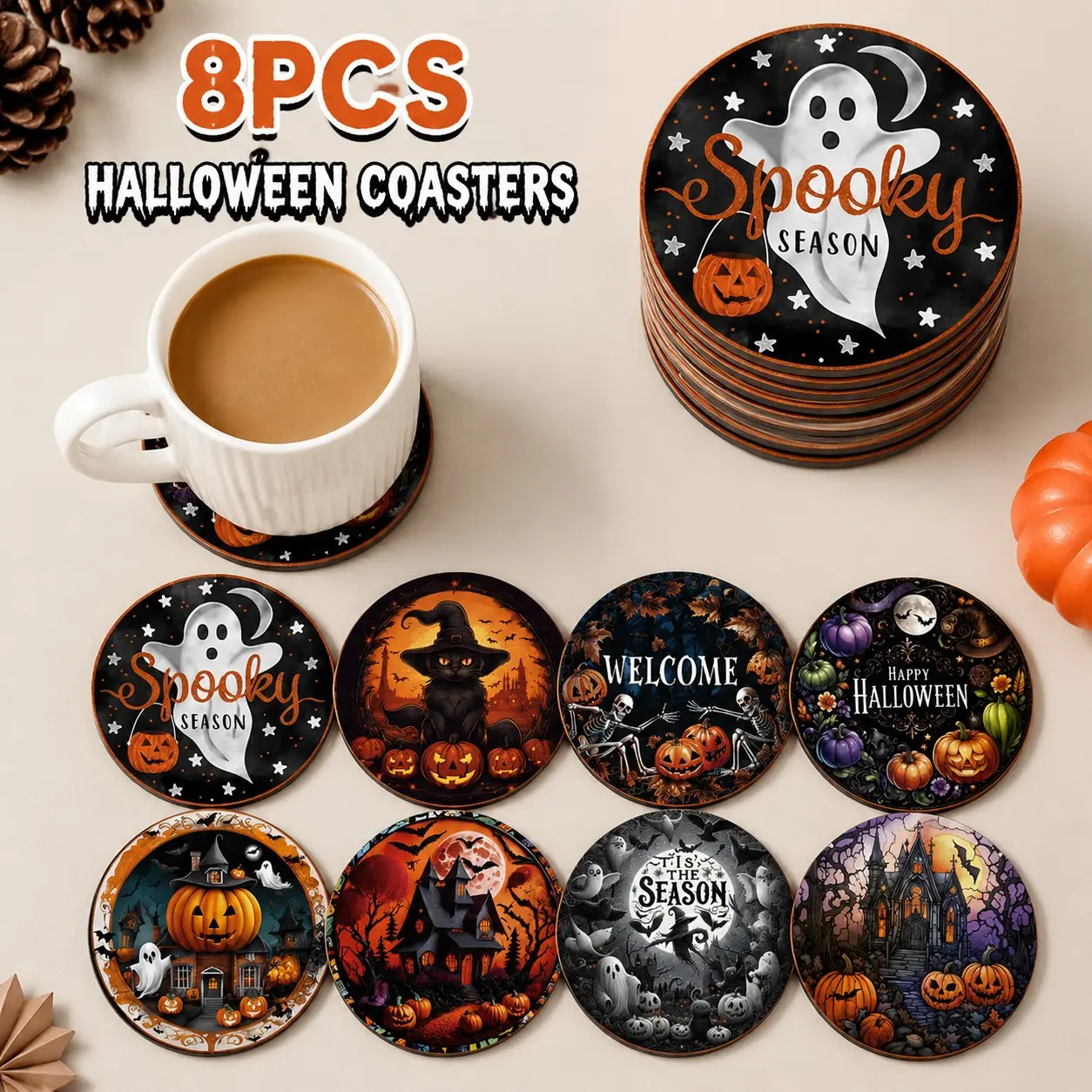 Halloween Wooden Coasters 8-Piece Set, 10x10cm Non-Slip Heat Resistant, Fun Pumpkin Ghost Design, Coffee Shop Office Desk Decor, Western Creative Home Gift, Essential Party Festival Decoration, Coasters For Drinks