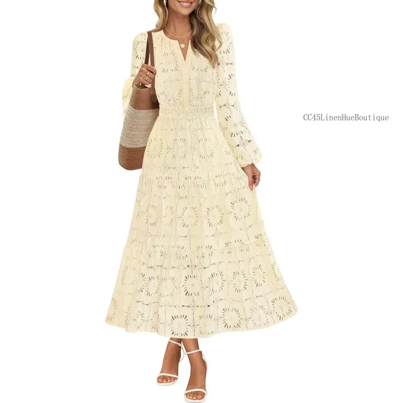 Women's Pull-On Fall Long-Sleeve Floral Maxi Dress - Lace Eyelet Hollow-Out, Tiered Boho Style, with Pockets for Wedding GuestsCC45LinenHueBoutique