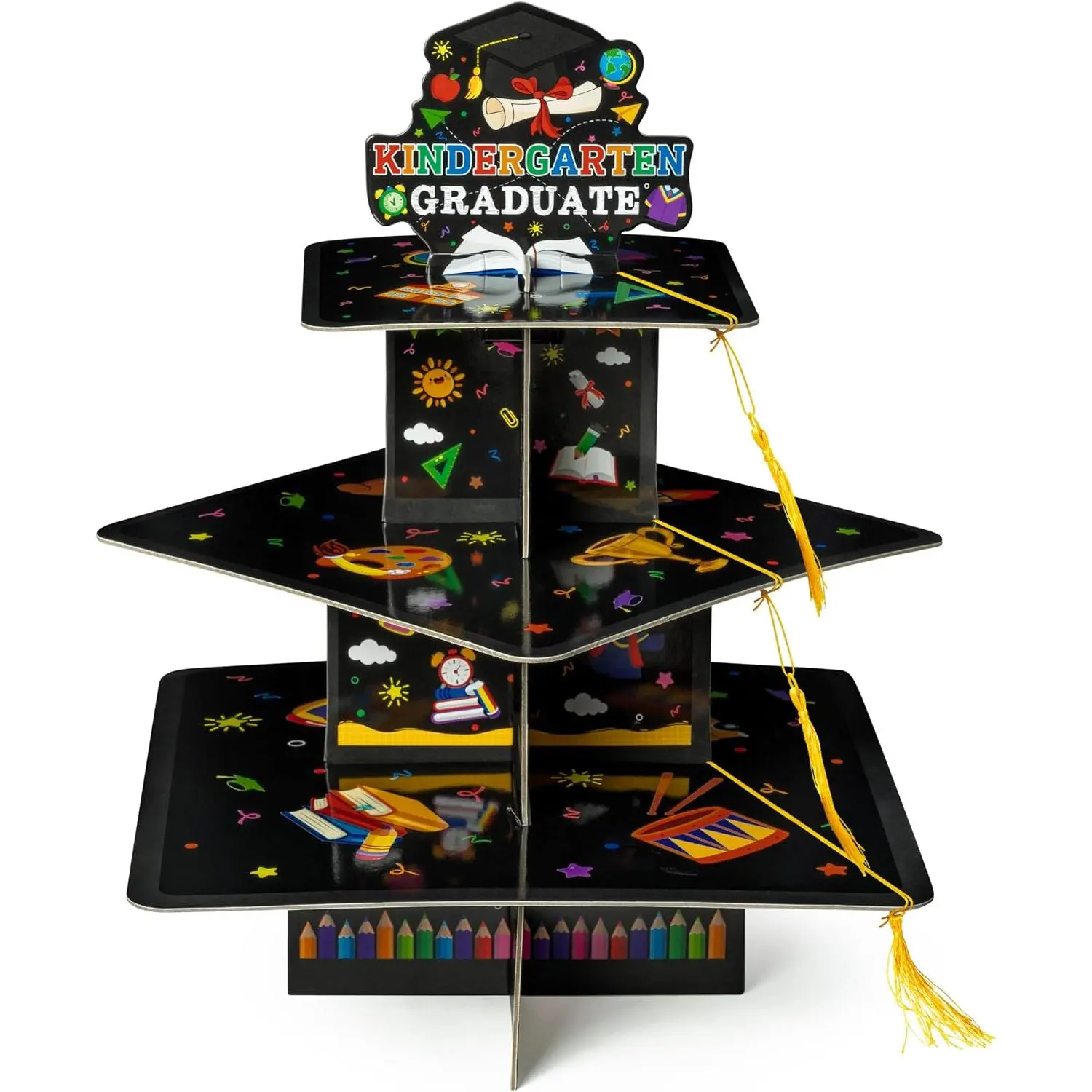 Graduation Cupcake Stand - 3-Tier Black Graduate Cap Cupcake Tower with Tassel Cardboard Square Dessert Holder for  School Graduation Party Dinner Table Decoration