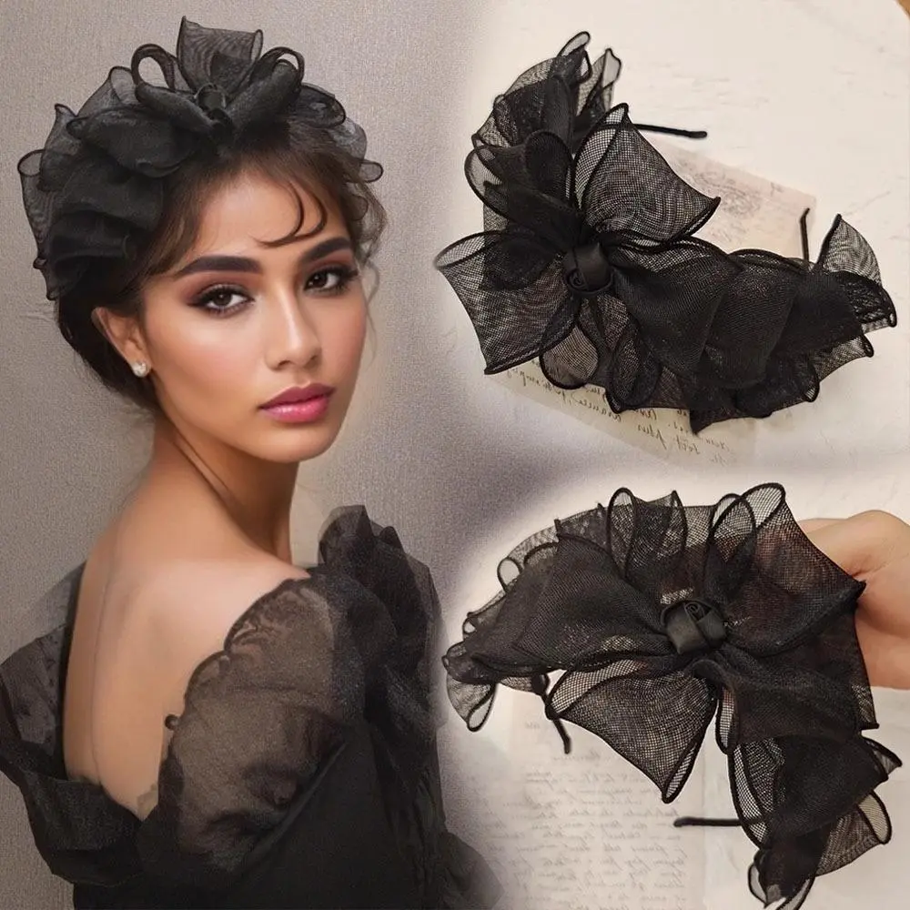 [Glamorous Rose Headband] 1pc Women's High-Quality Netting Multilayer Bowknot Hair Band - 14cm Width, 18cm Height, 30g Weight - Casual, Cute Latest Fashion Hair Addition - Luxury Party Headwear, Birthday Gift T2148, Elegant