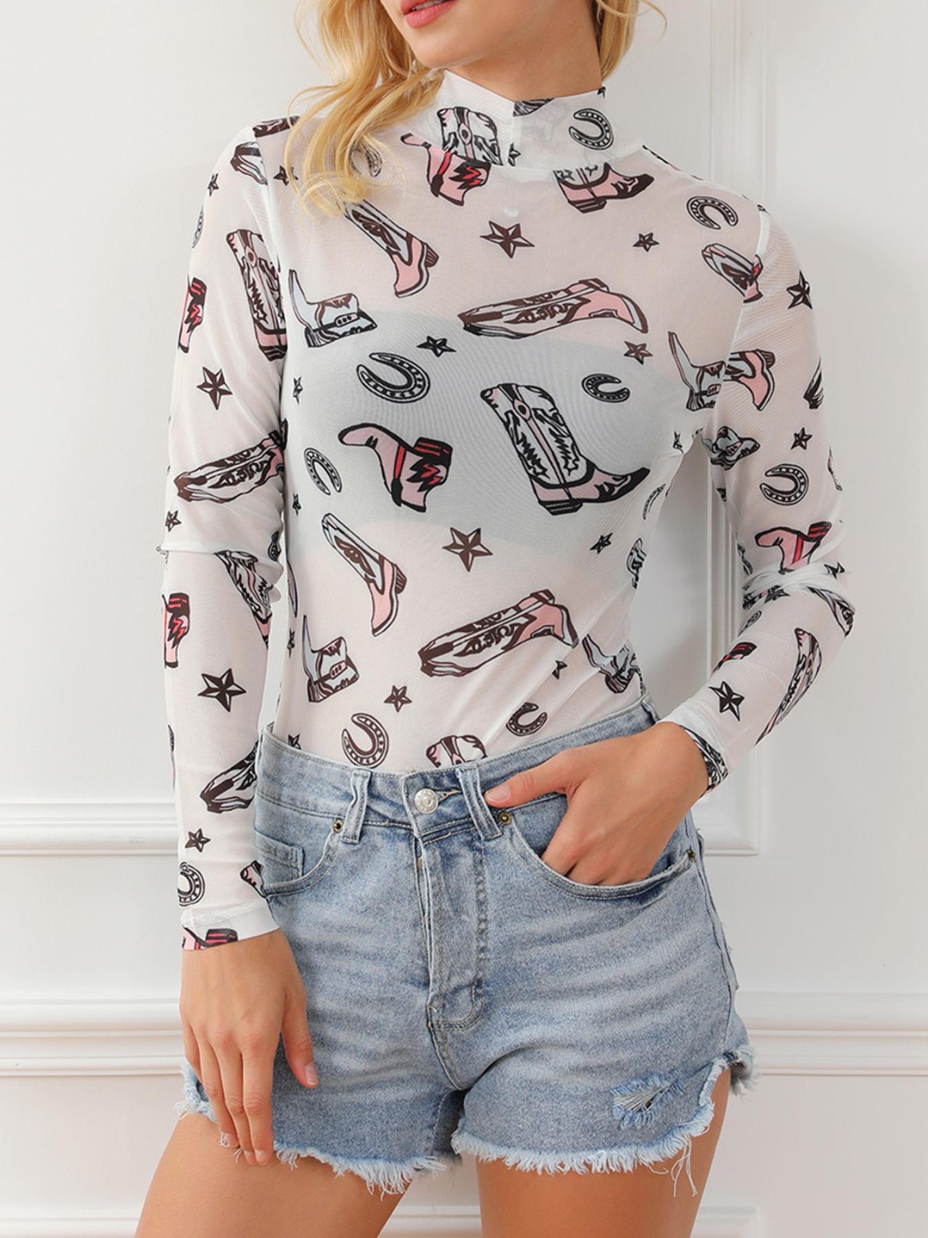 Women's Boot Print Mock Neck Semi-Sheer Bodysuit, Sexy Fashion Long Sleeve Bodysuit for Spring & Fall, Women's Clothes for Daily Wear