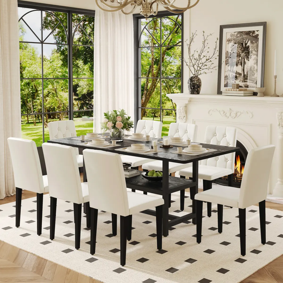Aobtkel Large Easy Assembly Multi-Function Dining Room Table and Chair Set, 71x35.4in Black Grain Spliced Table with Middle Leg Storage, 8 White PU Ergonomic Buckle Backrest Dining Chairs, Easy Assembly Dining Room Sets, Large Dining Room Sets