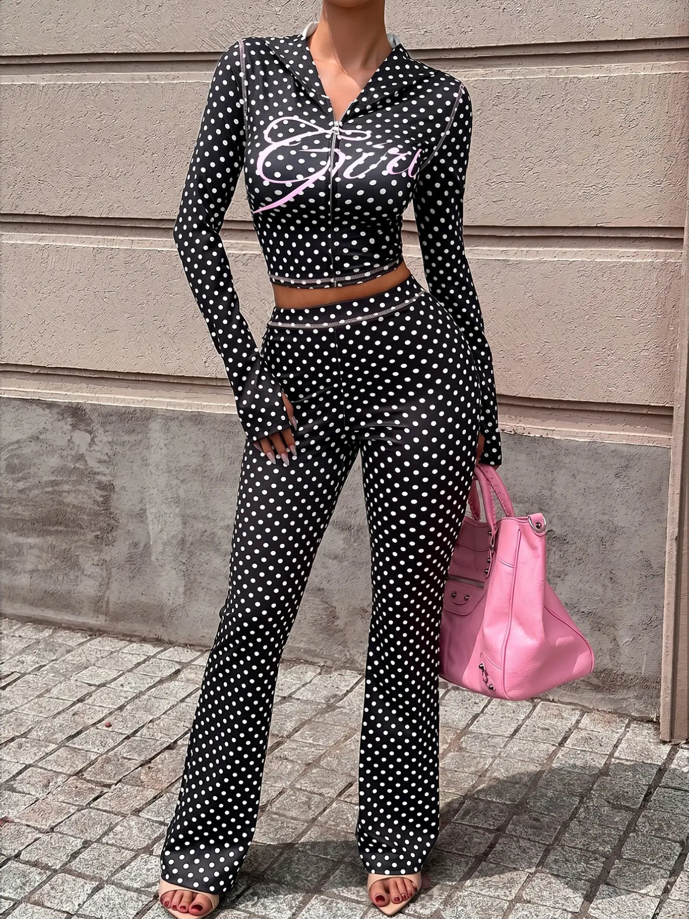 Black White Polka Dot Two Piece Set Women Zip Up Crop Hoodie Long Sleeve Top And Flare Pants Slim Fit Matching Set Y2K Streetwear Going Out Outfit Party Clubwear Casual Streetwear Set