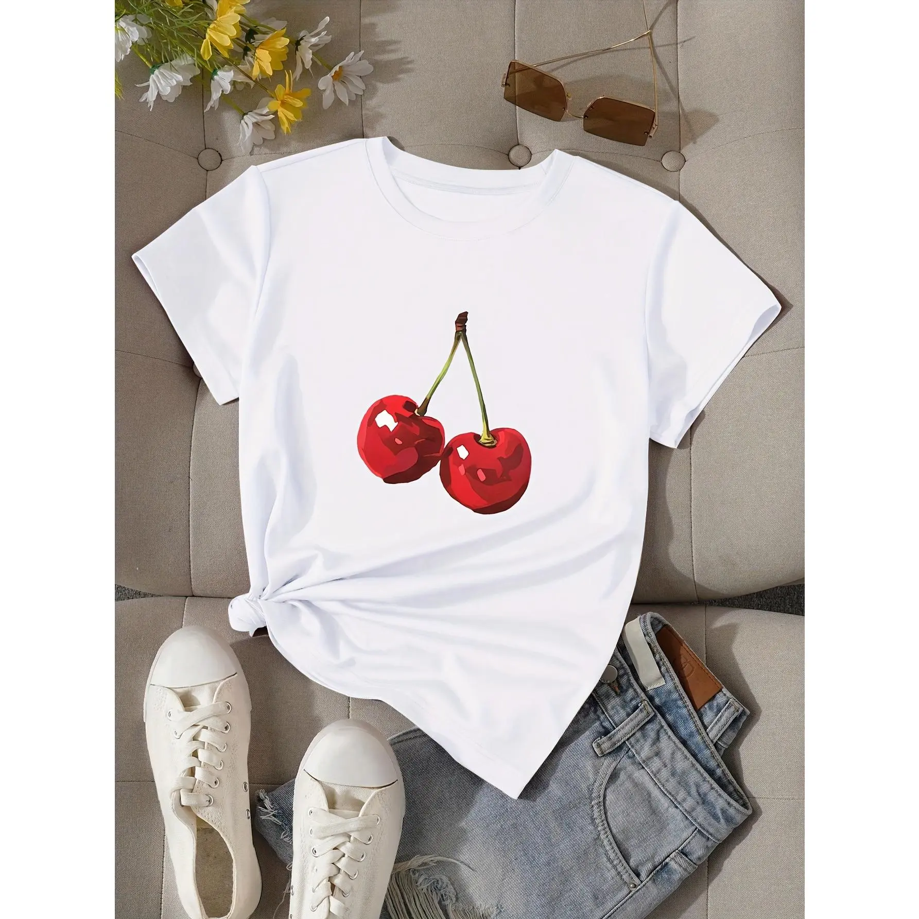 Women's Cute Cherry Printed Digital Print Soft 100% Cotton Short-Sleeve Top, S-5XL White Minimalist Casual Wear, Breathable, Machine Washable, Fit, Gift for Her, All Seasons Apparel